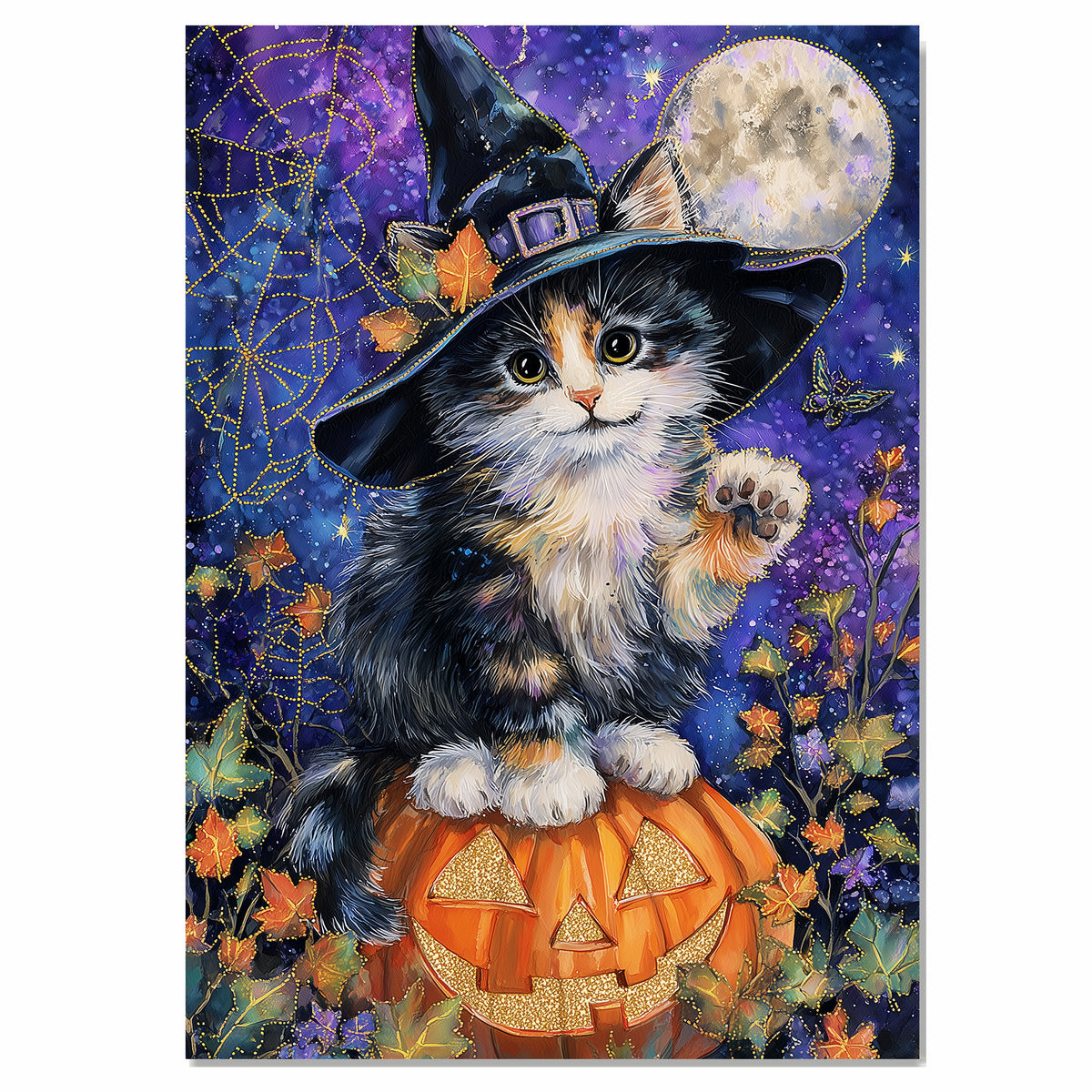 Halloween Witch Cat Art Poster Print Abyssinian Kitten on Pumpkin Spooky Fall Home Decor for Pet Moms Living Room on Ready to Hang 1.5" Thick Canvas Wrap, Floating Framed Canvas, Flat Rolled Canvas