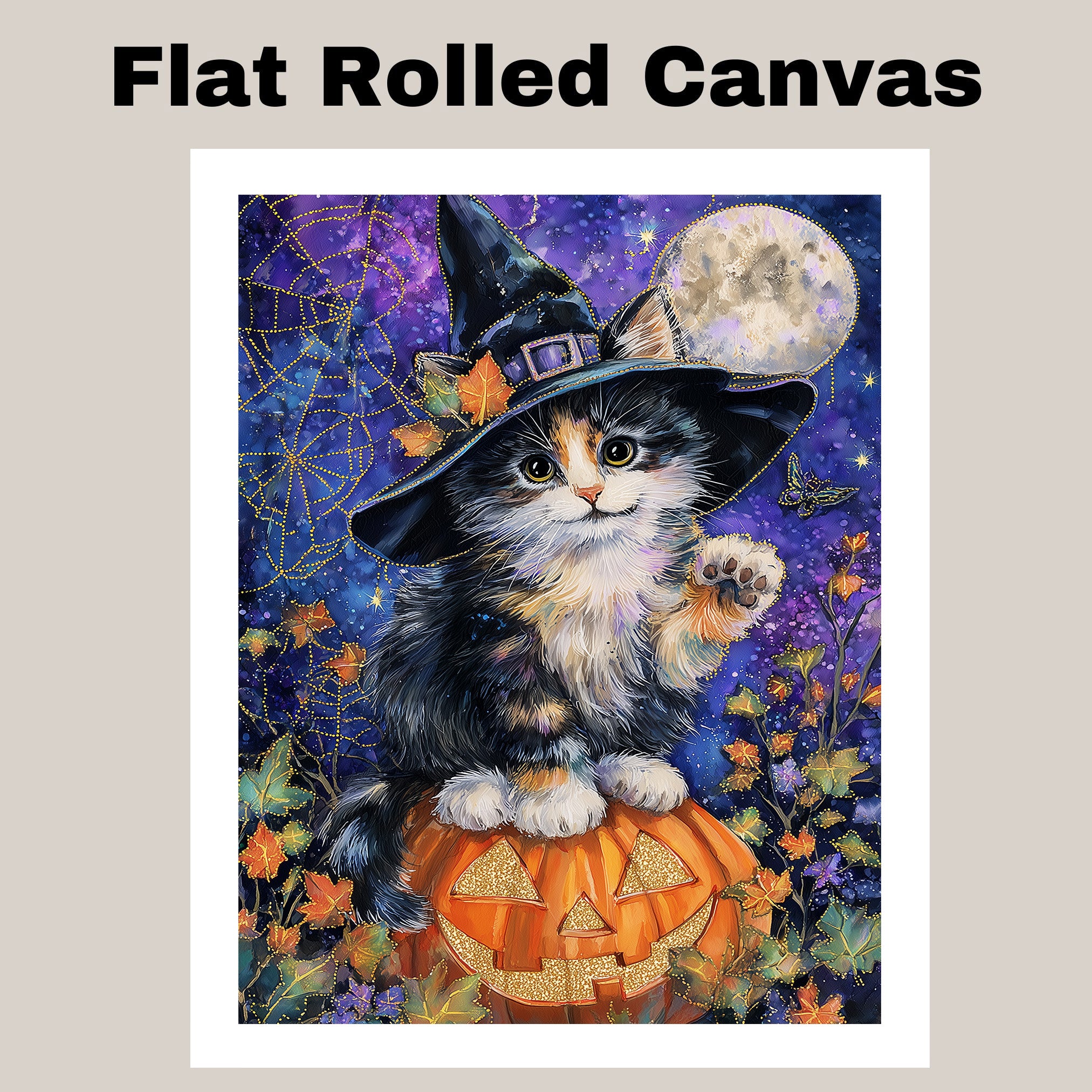 Halloween Witch Cat Art Poster Print Abyssinian Kitten on Pumpkin Spooky Fall Home Decor for Pet Moms Living Room on Ready to Hang 1.5" Thick Canvas Wrap, Floating Framed Canvas, Flat Rolled Canvas