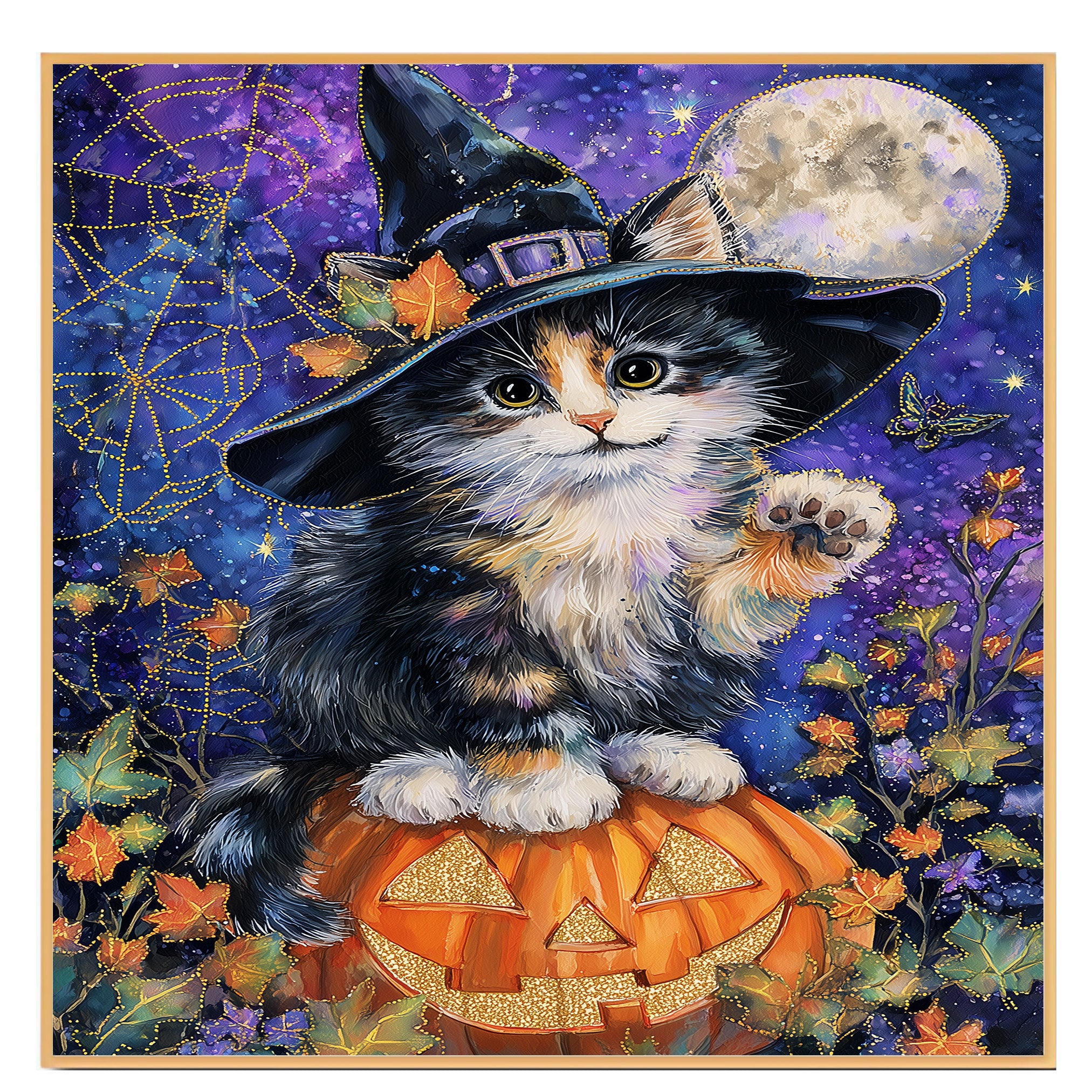 Halloween Witch Cat Art Poster Print Abyssinian Kitten on Pumpkin Spooky Fall Home Decor for Pet Moms Living Room on Ready to Hang 1.5" Thick Canvas Wrap, Floating Framed Canvas, Flat Rolled Canvas