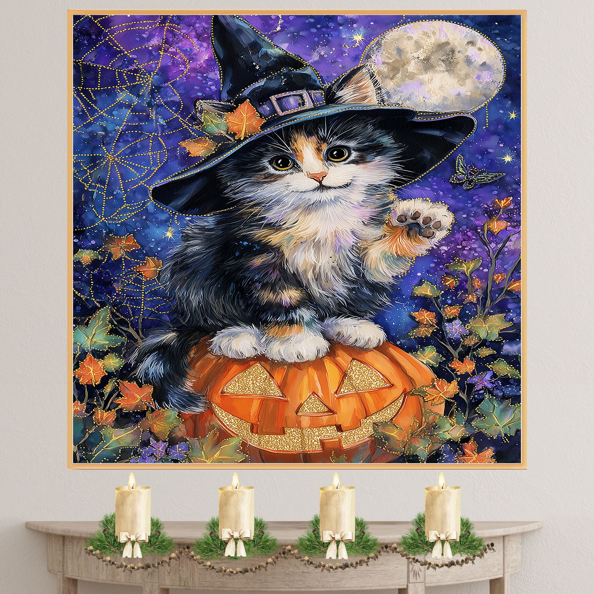 Halloween Witch Cat Art Poster Print Abyssinian Kitten on Pumpkin Spooky Fall Home Decor for Pet Moms Living Room on Ready to Hang 1.5" Thick Canvas Wrap, Floating Framed Canvas, Flat Rolled Canvas