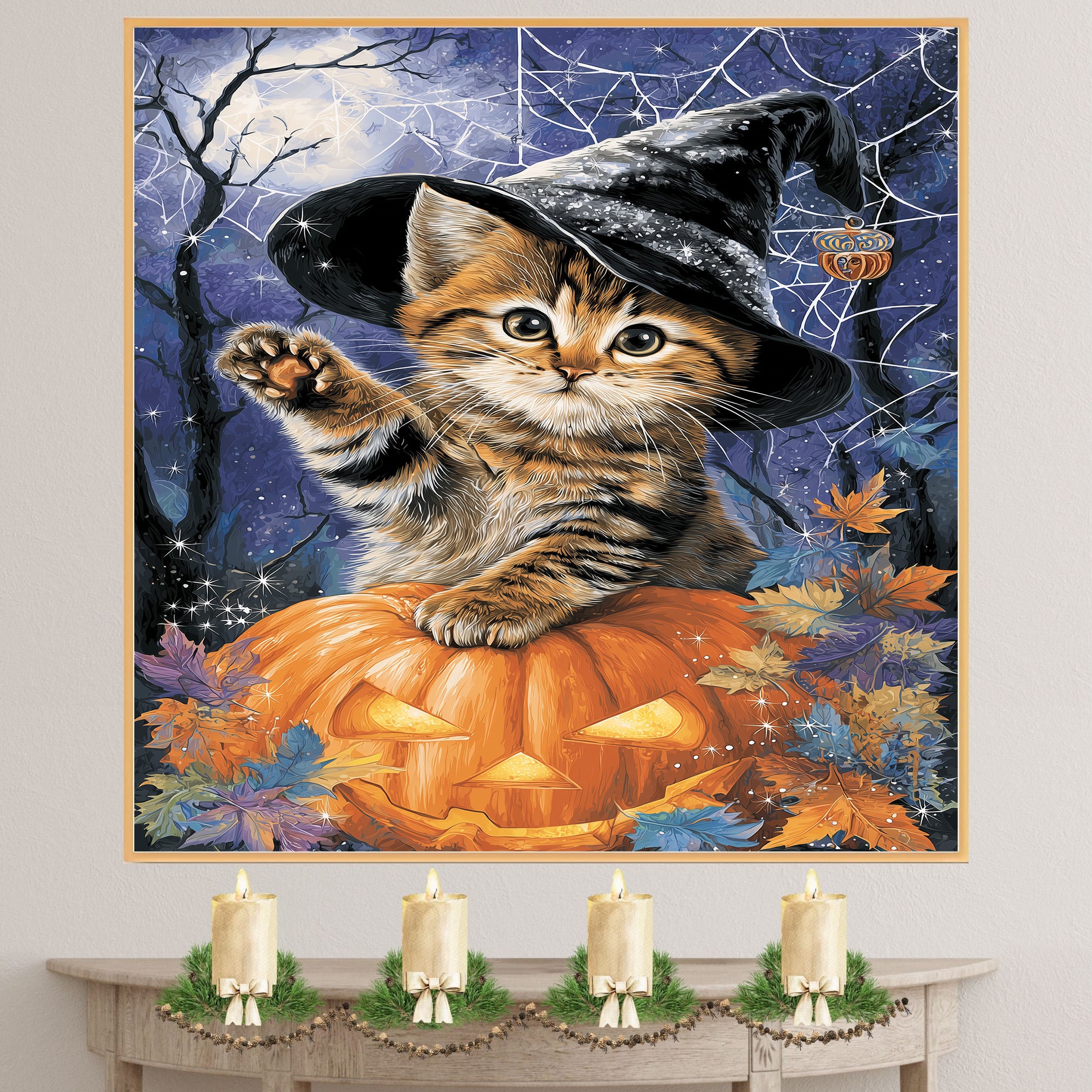 Halloween Halloween Gifts for Home Décor Bengal Cat Wall Art for Spooky Fall Decorations for Indoor Party on Ready to Hang 1.5" Thick Canvas Wrap, Floating Framed Canvas, Flat Rolled Canvas