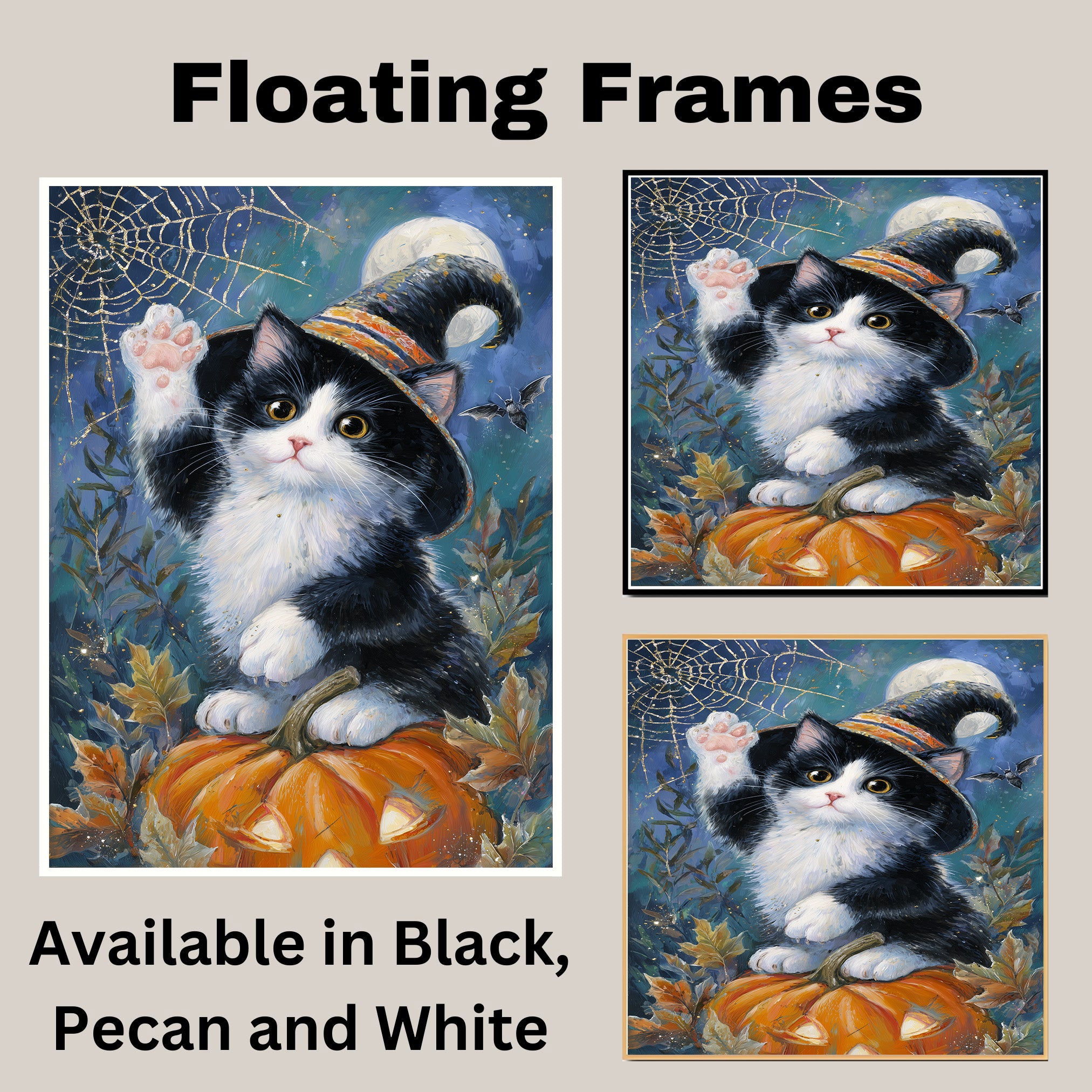 Black and White Cat Autumn Wall Art Pumpkin Patch Wall Print Tuxedo Kitten with Pumpkin Spider Web Canvas  on Ready to Hang 1.5" Thick Canvas Wrap, Floating Framed Canvas, Flat Rolled Canvas
