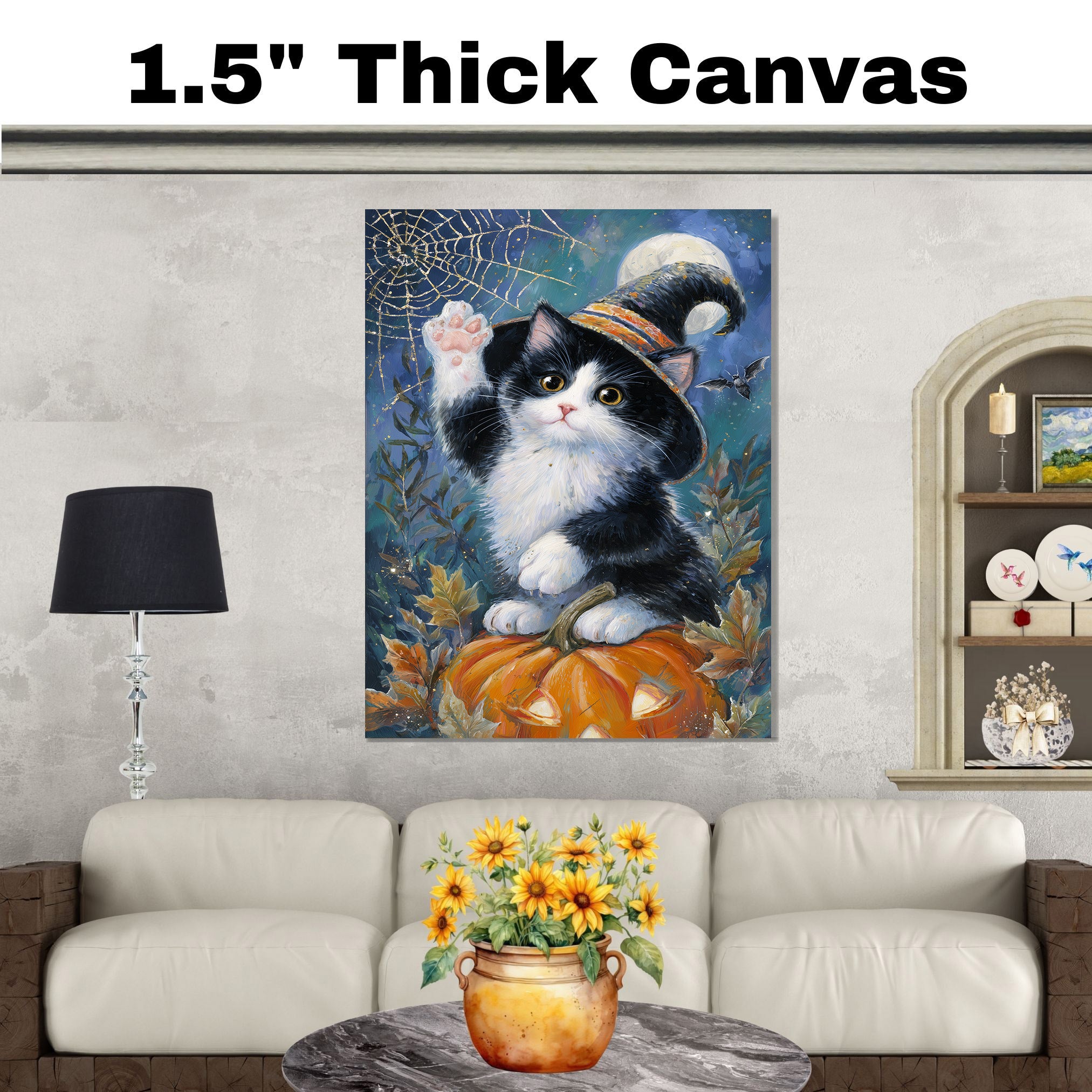 Black and White Cat Autumn Wall Art Pumpkin Patch Wall Print Tuxedo Kitten with Pumpkin Spider Web Canvas  on Ready to Hang 1.5" Thick Canvas Wrap, Floating Framed Canvas, Flat Rolled Canvas