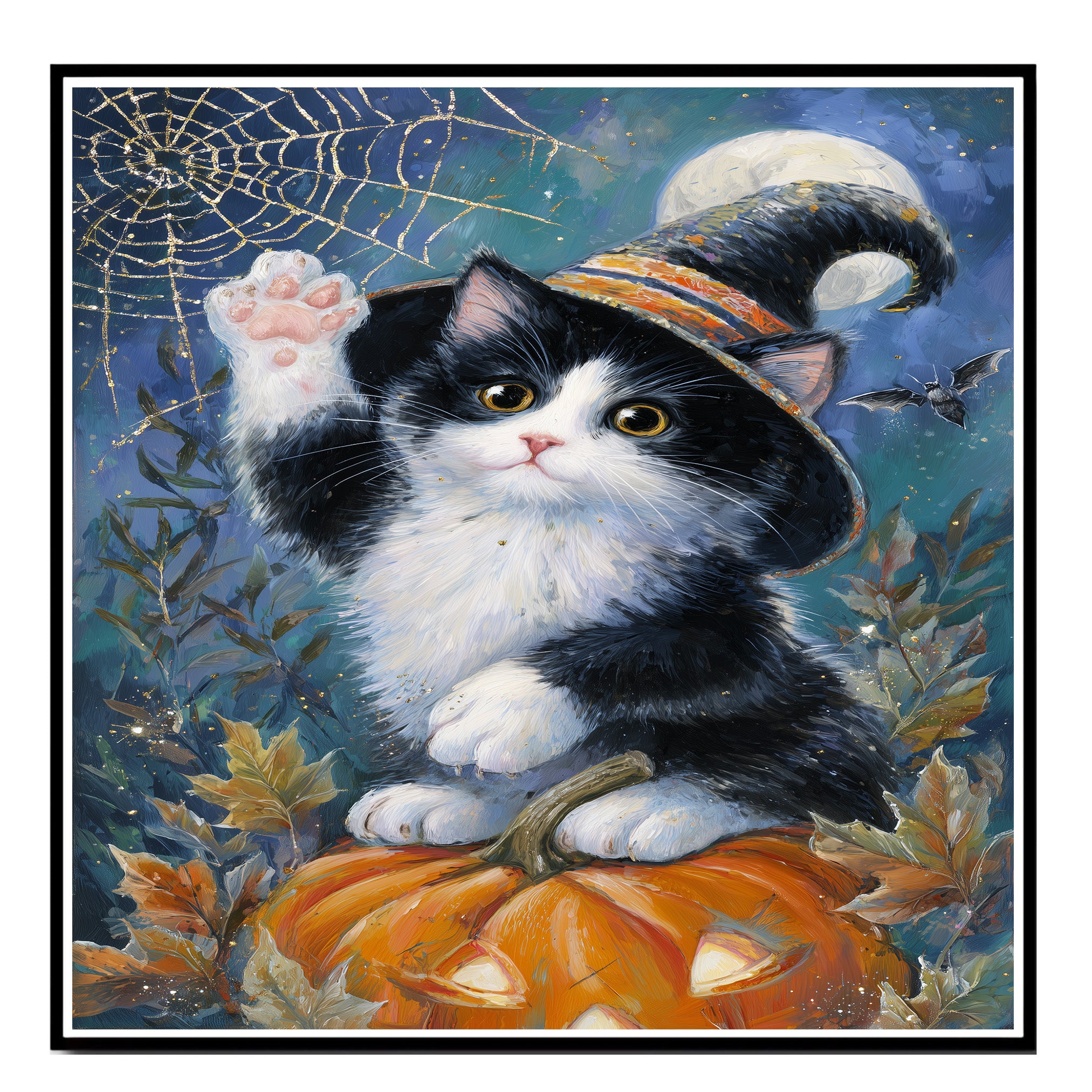 Black and White Cat Autumn Wall Art Pumpkin Patch Wall Print Tuxedo Kitten with Pumpkin Spider Web Canvas  on Ready to Hang 1.5" Thick Canvas Wrap, Floating Framed Canvas, Flat Rolled Canvas