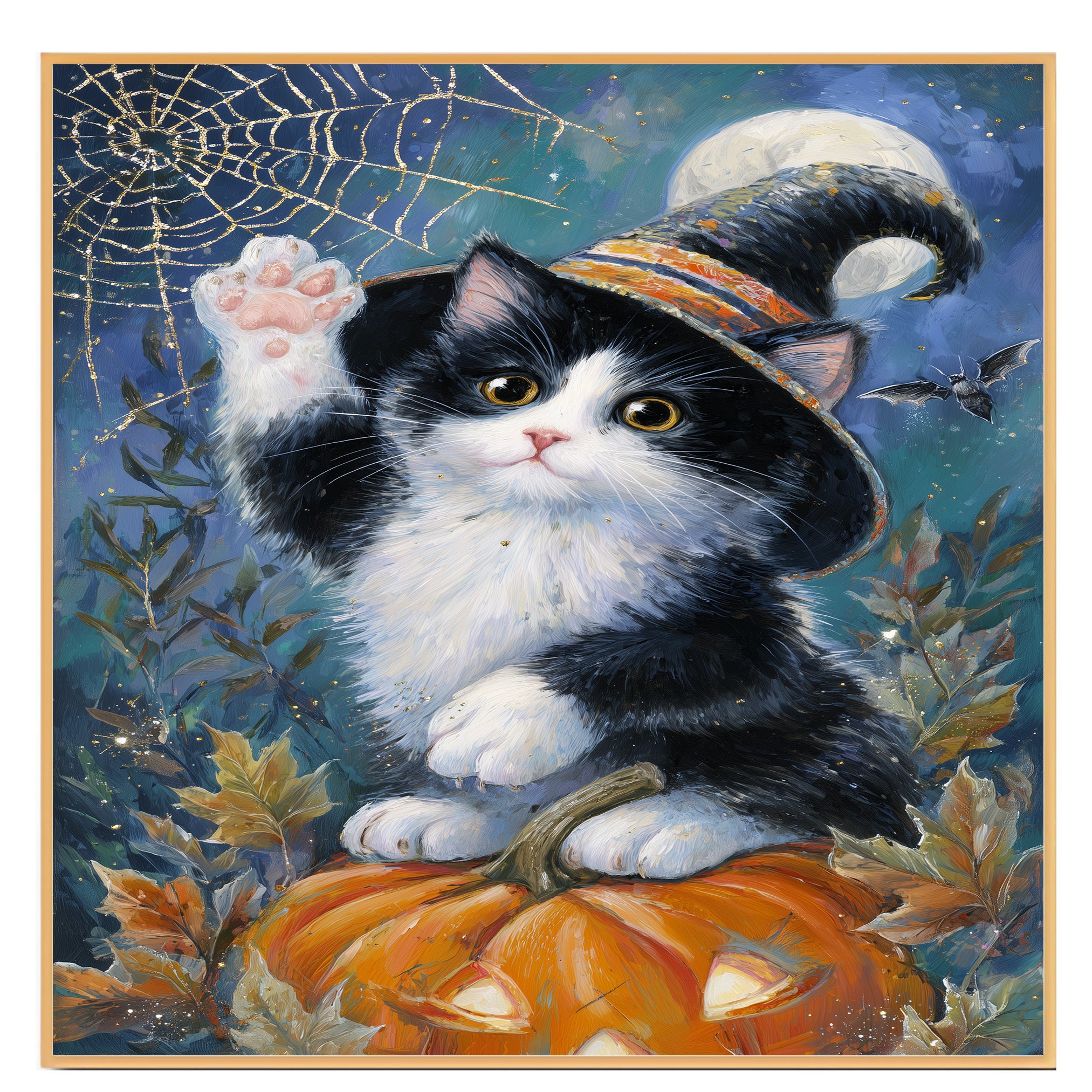 Black and White Cat Autumn Wall Art Pumpkin Patch Wall Print Tuxedo Kitten with Pumpkin Spider Web Canvas  on Ready to Hang 1.5" Thick Canvas Wrap, Floating Framed Canvas, Flat Rolled Canvas