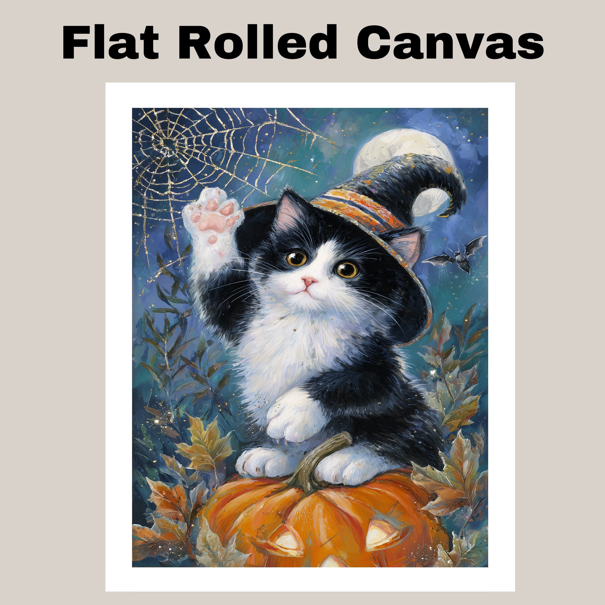 Black and White Cat Autumn Wall Art Pumpkin Patch Wall Print Tuxedo Kitten with Pumpkin Spider Web Canvas  on Ready to Hang 1.5" Thick Canvas Wrap, Floating Framed Canvas, Flat Rolled Canvas
