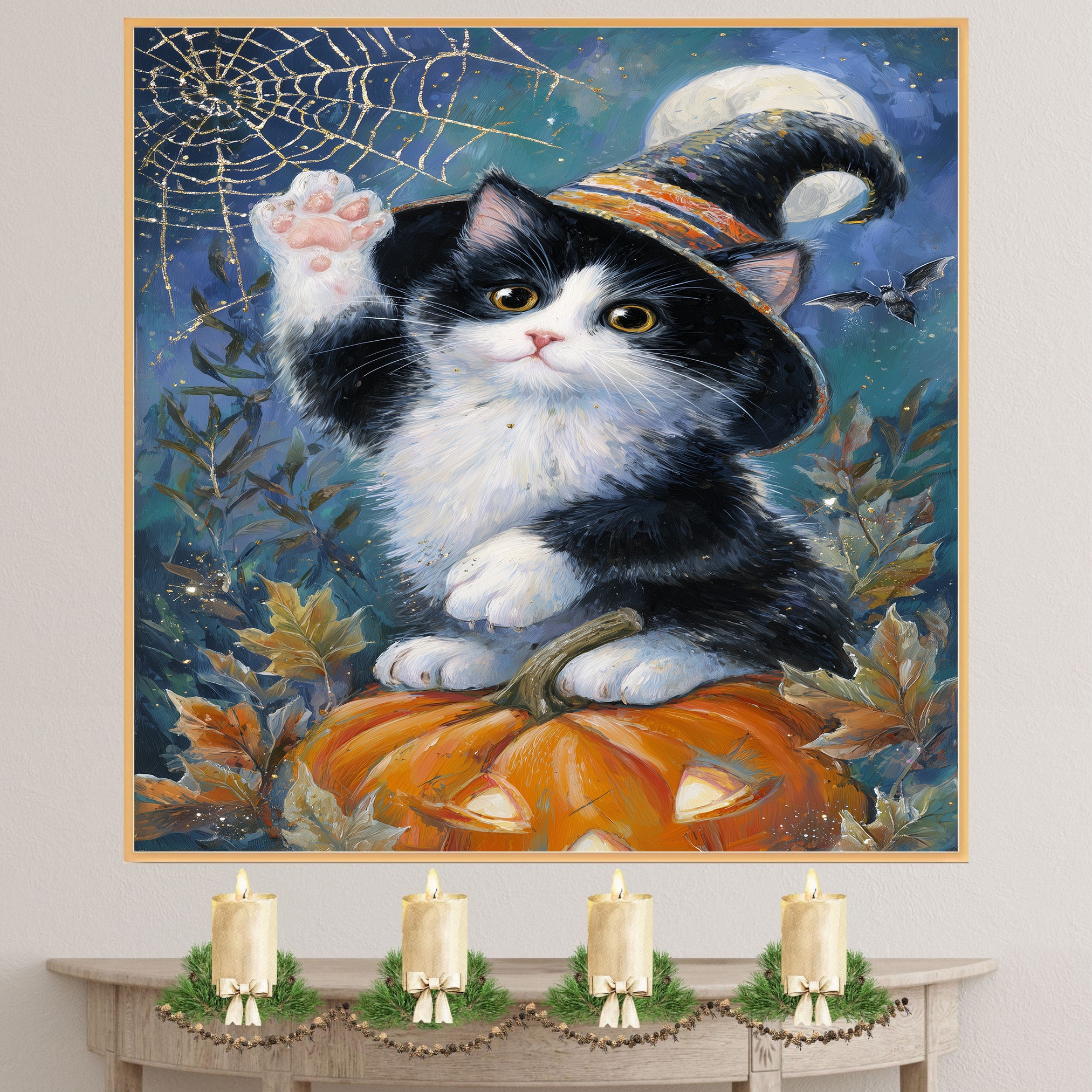 Black and White Cat Autumn Wall Art Pumpkin Patch Wall Print Tuxedo Kitten with Pumpkin Spider Web Canvas  on Ready to Hang 1.5" Thick Canvas Wrap, Floating Framed Canvas, Flat Rolled Canvas