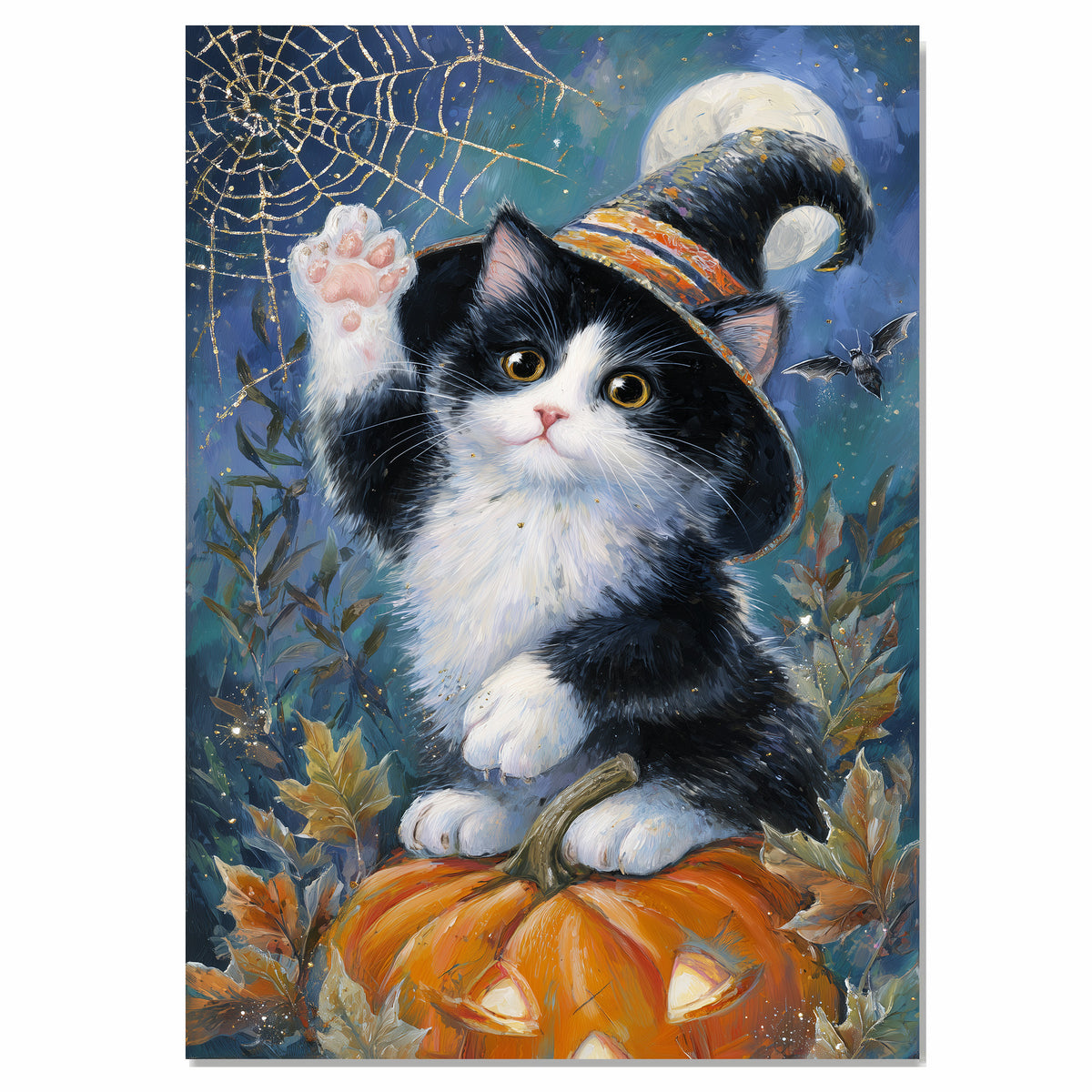 Black and White Cat Autumn Wall Art Pumpkin Patch Wall Print Tuxedo Kitten with Pumpkin Spider Web Canvas  on Ready to Hang 1.5" Thick Canvas Wrap, Floating Framed Canvas, Flat Rolled Canvas