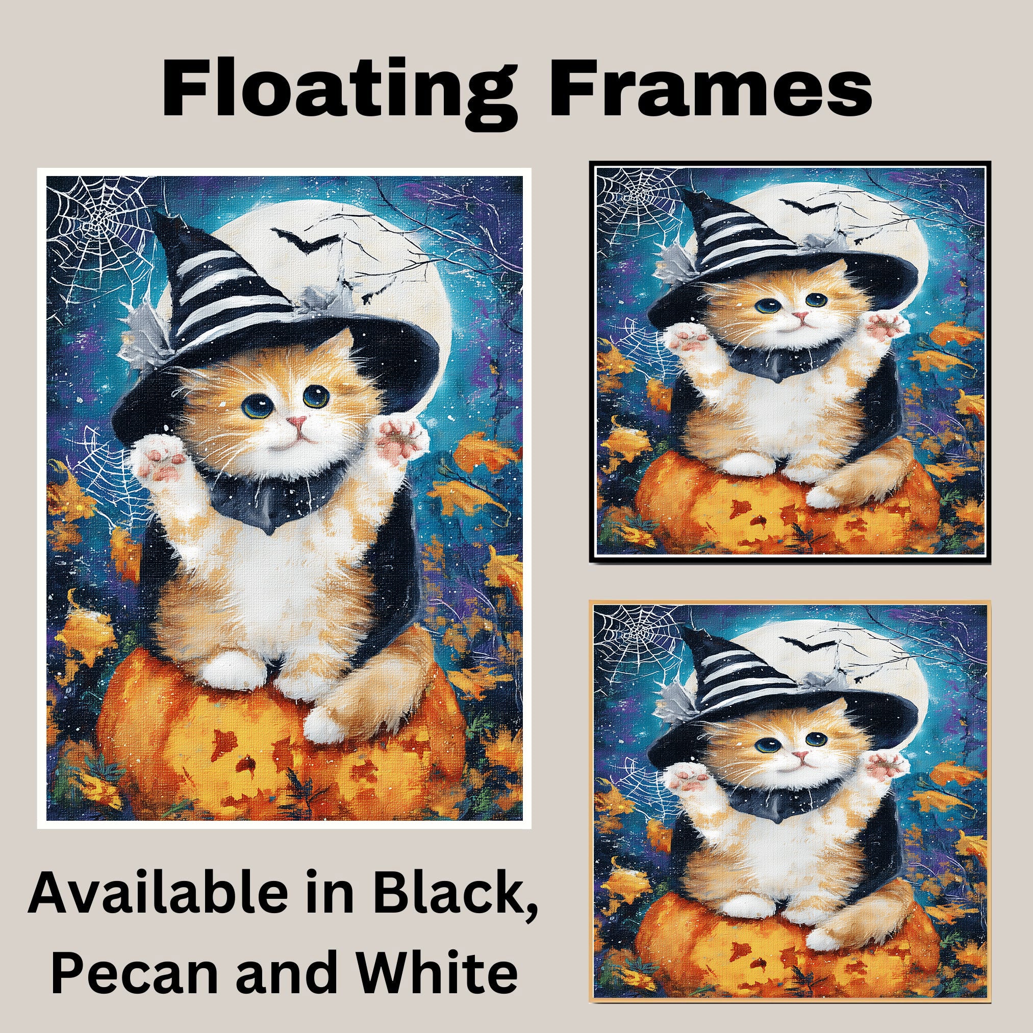 Orange Persian Kitten Witch Hat Canvas for Autumn Pumpkin Pictures Wall Décor for Cat Mom's Bedroom Wall Art on Ready to Hang 1.5" Thick Canvas Wrap, Floating Framed Canvas, Flat Rolled Canvas