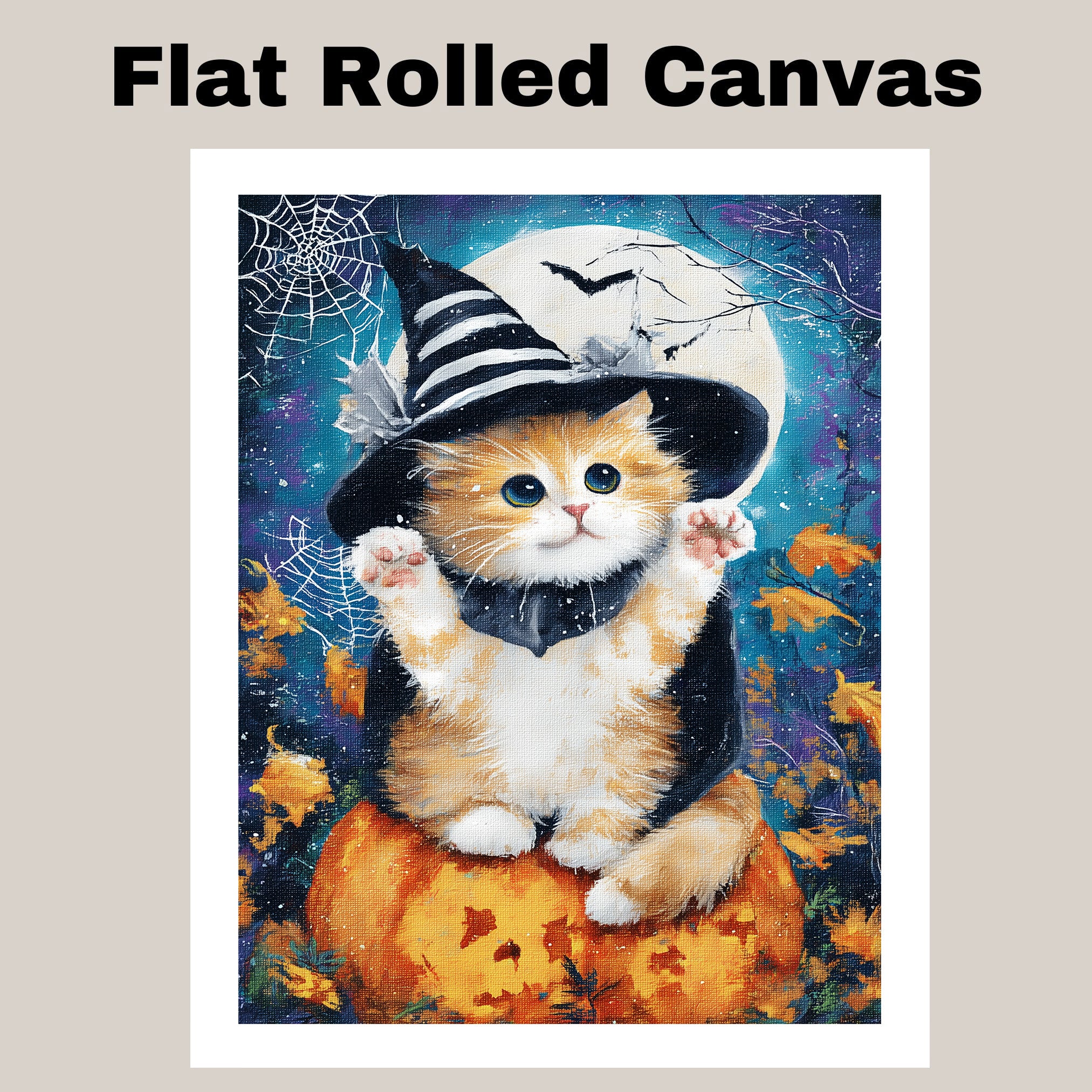 Orange Persian Kitten Witch Hat Canvas for Autumn Pumpkin Pictures Wall Décor for Cat Mom's Bedroom Wall Art on Ready to Hang 1.5" Thick Canvas Wrap, Floating Framed Canvas, Flat Rolled Canvas