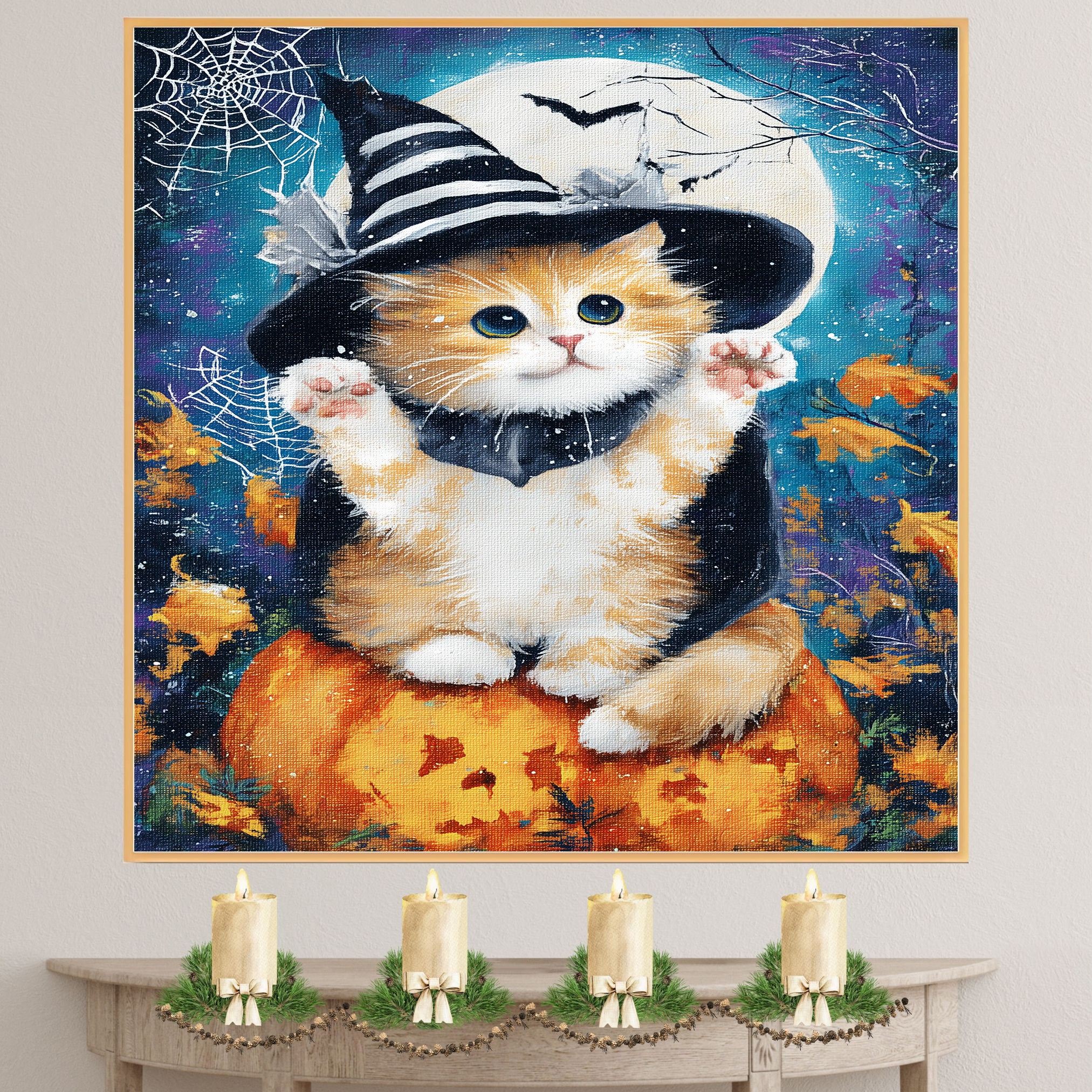 Orange Persian Kitten Witch Hat Canvas for Autumn Pumpkin Pictures Wall Décor for Cat Mom's Bedroom Wall Art on Ready to Hang 1.5" Thick Canvas Wrap, Floating Framed Canvas, Flat Rolled Canvas