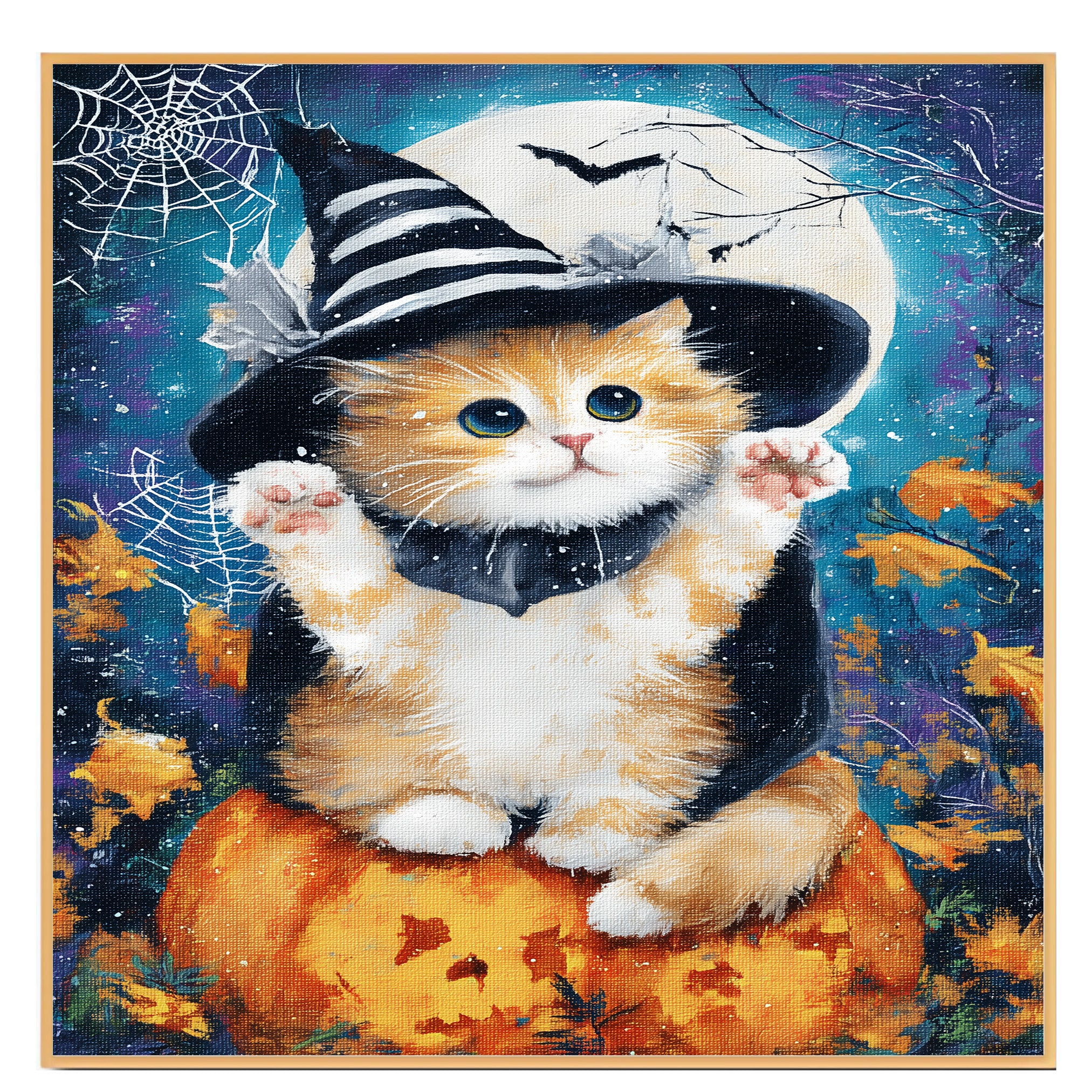 Orange Persian Kitten Witch Hat Canvas for Autumn Pumpkin Pictures Wall Décor for Cat Mom's Bedroom Wall Art on Ready to Hang 1.5" Thick Canvas Wrap, Floating Framed Canvas, Flat Rolled Canvas