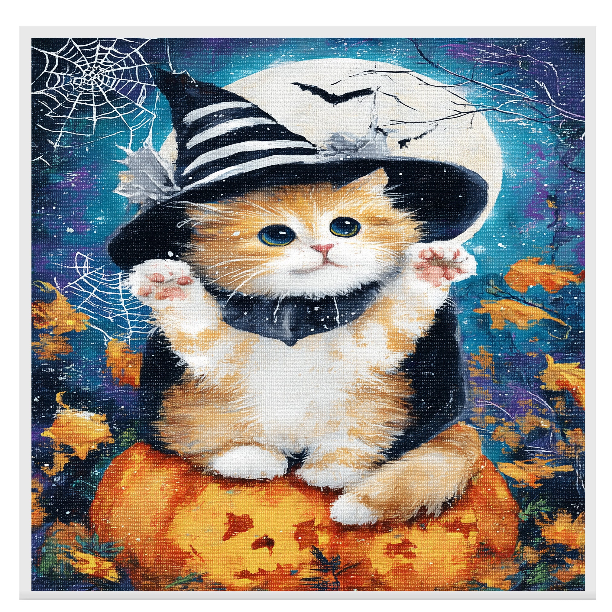 Orange Persian Kitten Witch Hat Canvas for Autumn Pumpkin Pictures Wall Décor for Cat Mom's Bedroom Wall Art on Ready to Hang 1.5" Thick Canvas Wrap, Floating Framed Canvas, Flat Rolled Canvas