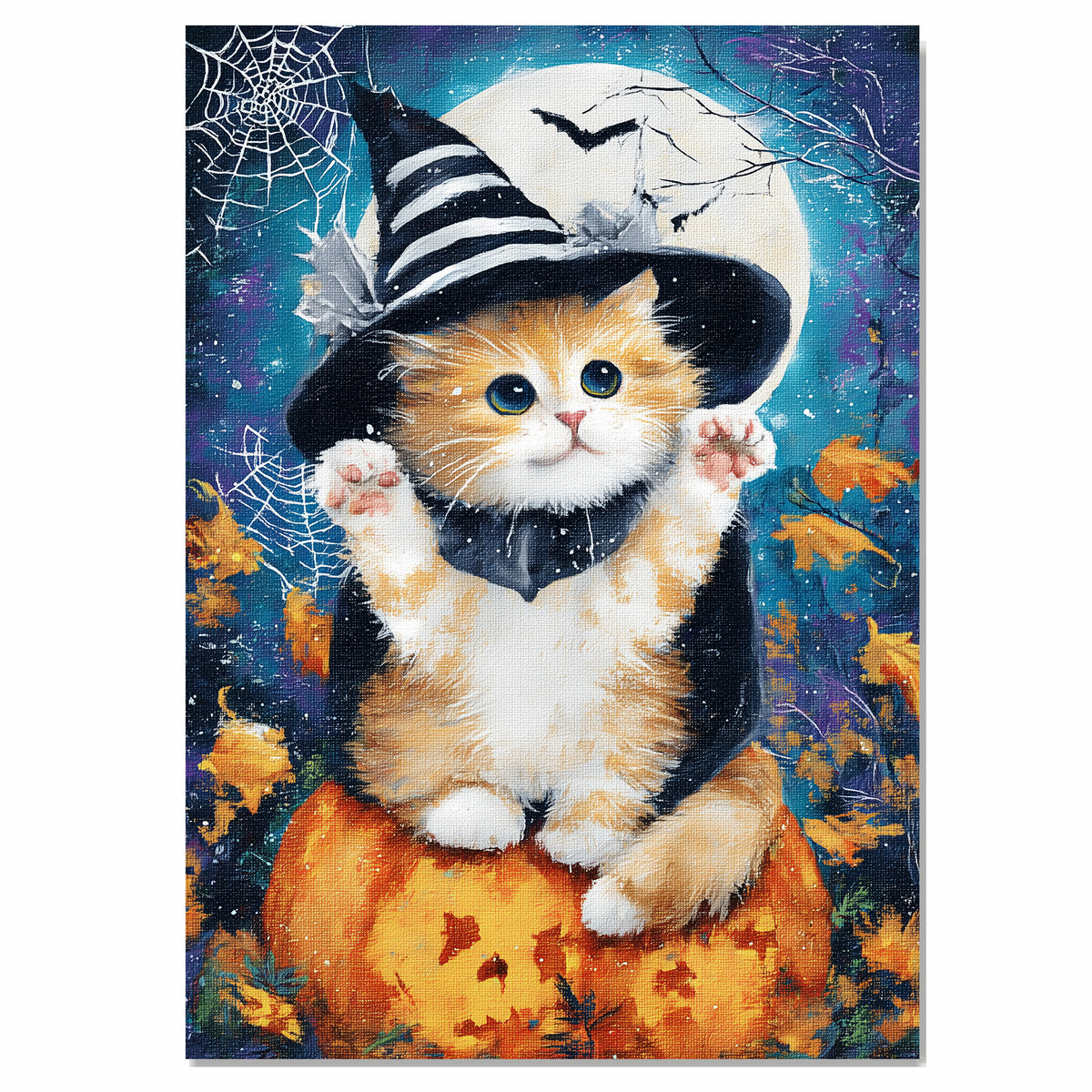 Orange Persian Kitten Witch Hat Canvas for Autumn Pumpkin Pictures Wall Décor for Cat Mom's Bedroom Wall Art on Ready to Hang 1.5" Thick Canvas Wrap, Floating Framed Canvas, Flat Rolled Canvas