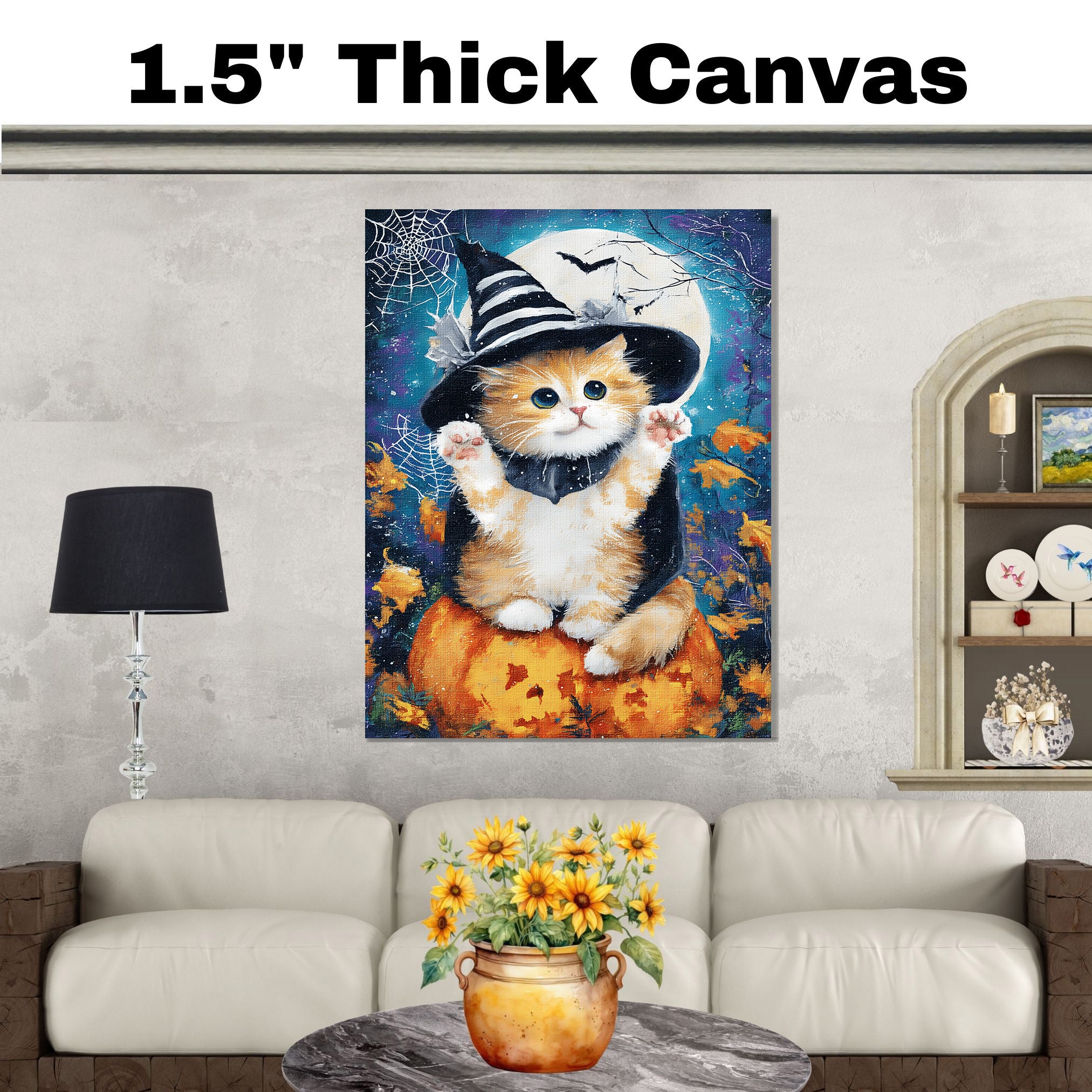 Orange Persian Kitten Witch Hat Canvas for Autumn Pumpkin Pictures Wall Décor for Cat Mom's Bedroom Wall Art on Ready to Hang 1.5" Thick Canvas Wrap, Floating Framed Canvas, Flat Rolled Canvas