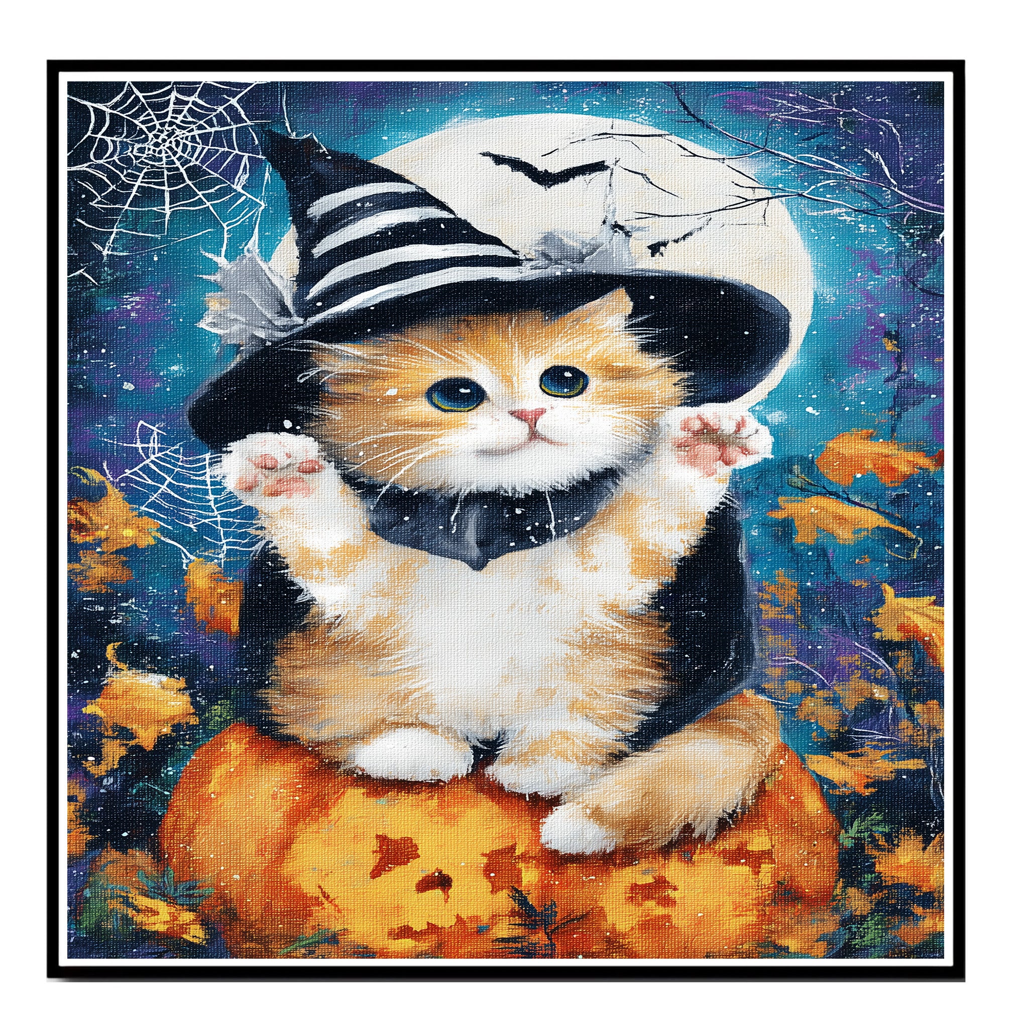Orange Persian Kitten Witch Hat Canvas for Autumn Pumpkin Pictures Wall Décor for Cat Mom's Bedroom Wall Art on Ready to Hang 1.5" Thick Canvas Wrap, Floating Framed Canvas, Flat Rolled Canvas
