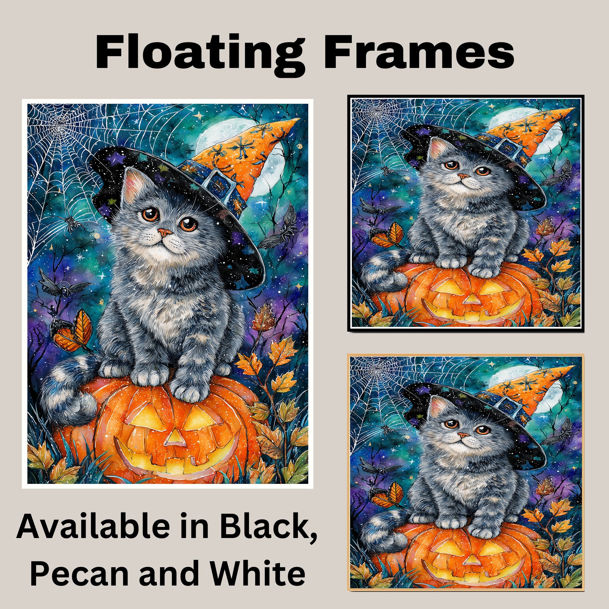 Gray Cat Halloween Canvas Wall Art Russian Blue Kitten with Pumpkin Witch Hat for Fall Home Decorations on Ready to Hang 1.5" Thick Canvas Wrap, Floating Framed Canvas, Flat Rolled Canvas