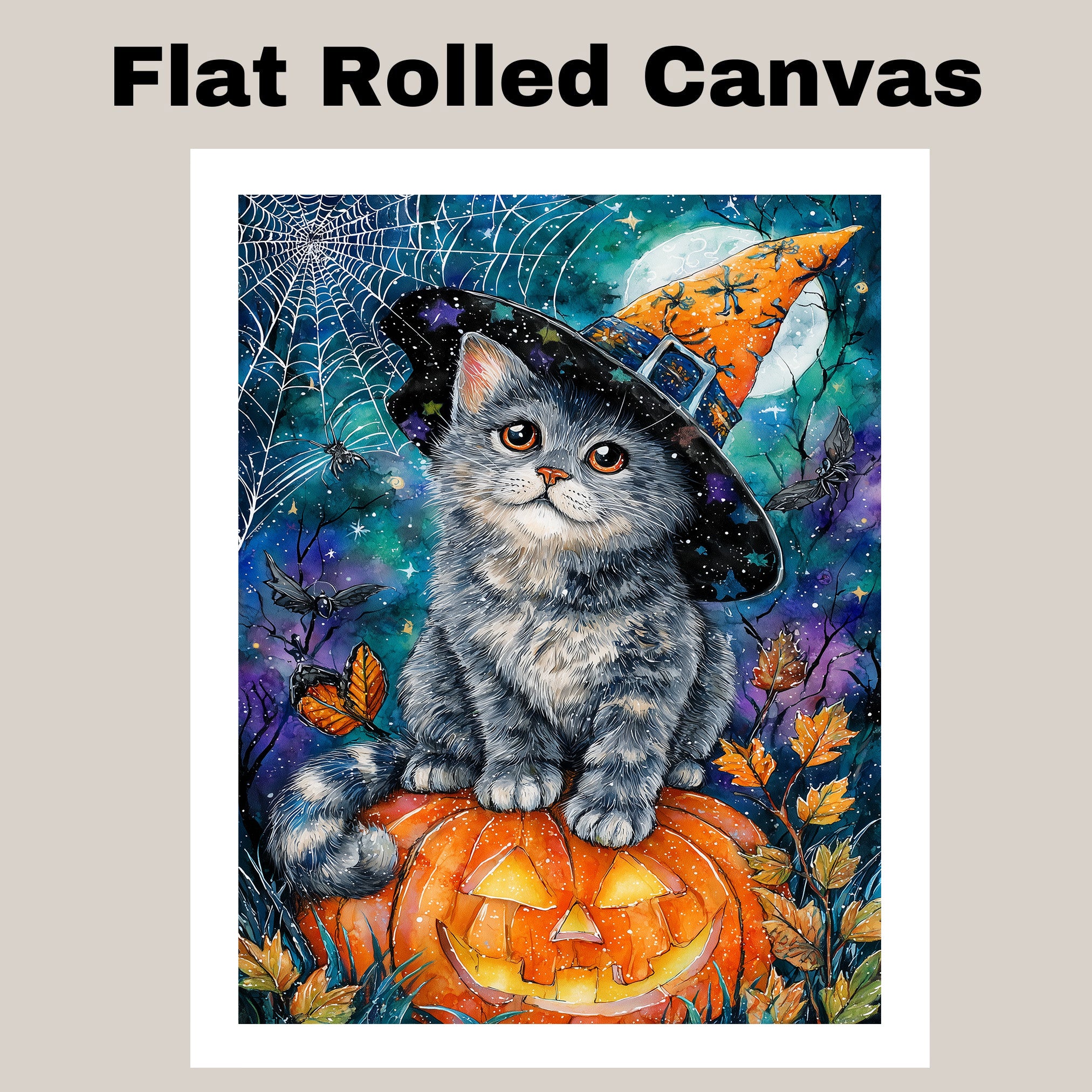 Gray Cat Halloween Canvas Wall Art Russian Blue Kitten with Pumpkin Witch Hat for Fall Home Decorations on Ready to Hang 1.5" Thick Canvas Wrap, Floating Framed Canvas, Flat Rolled Canvas