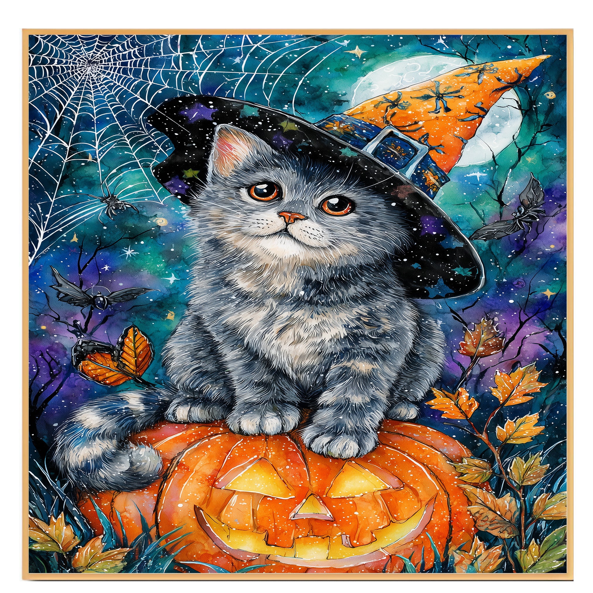Gray Cat Halloween Canvas Wall Art Russian Blue Kitten with Pumpkin Witch Hat for Fall Home Decorations on Ready to Hang 1.5" Thick Canvas Wrap, Floating Framed Canvas, Flat Rolled Canvas