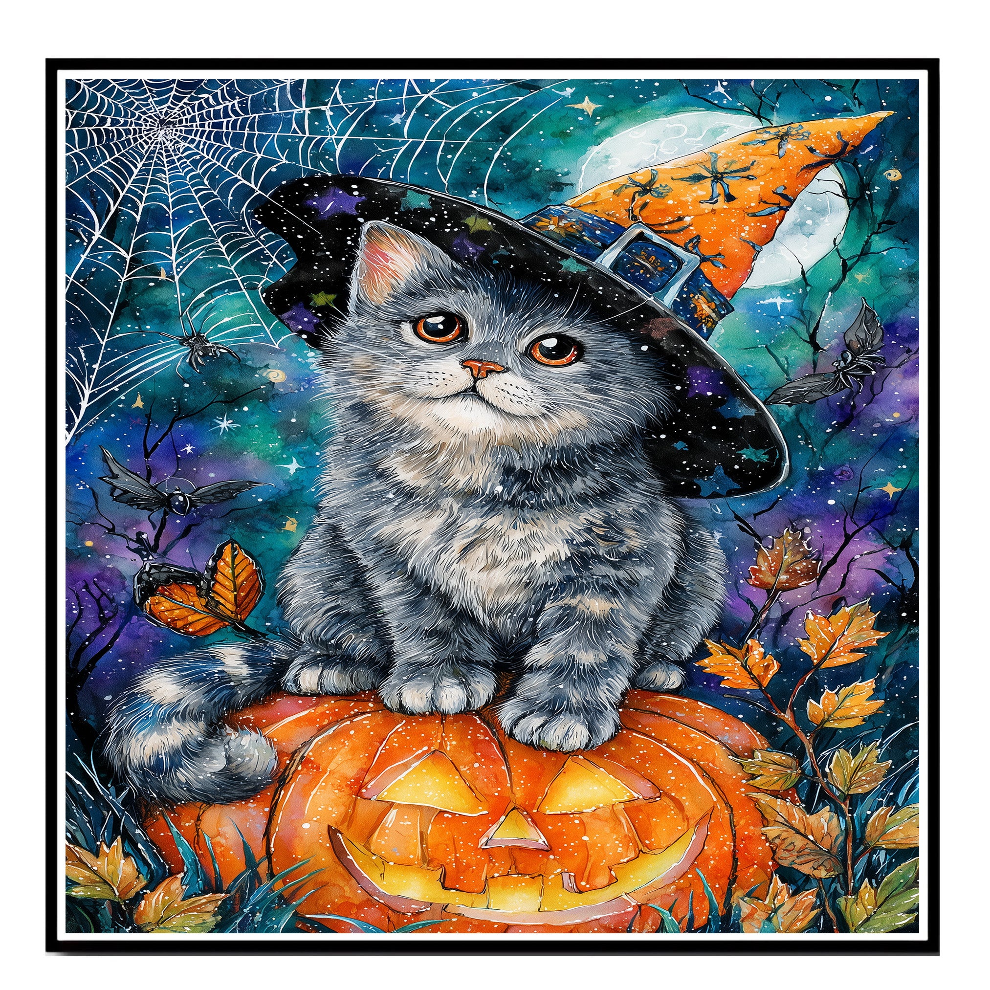 Gray Cat Halloween Canvas Wall Art Russian Blue Kitten with Pumpkin Witch Hat for Fall Home Decorations on Ready to Hang 1.5" Thick Canvas Wrap, Floating Framed Canvas, Flat Rolled Canvas