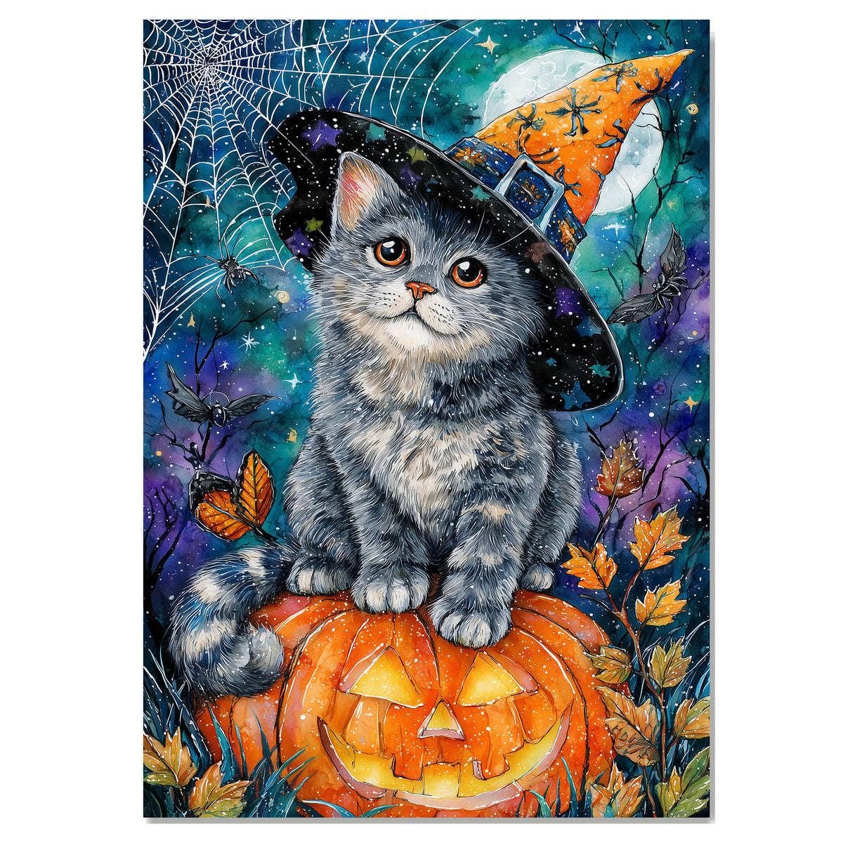 Gray Cat Halloween Canvas Wall Art Russian Blue Kitten with Pumpkin Witch Hat for Fall Home Decorations on Ready to Hang 1.5" Thick Canvas Wrap, Floating Framed Canvas, Flat Rolled Canvas