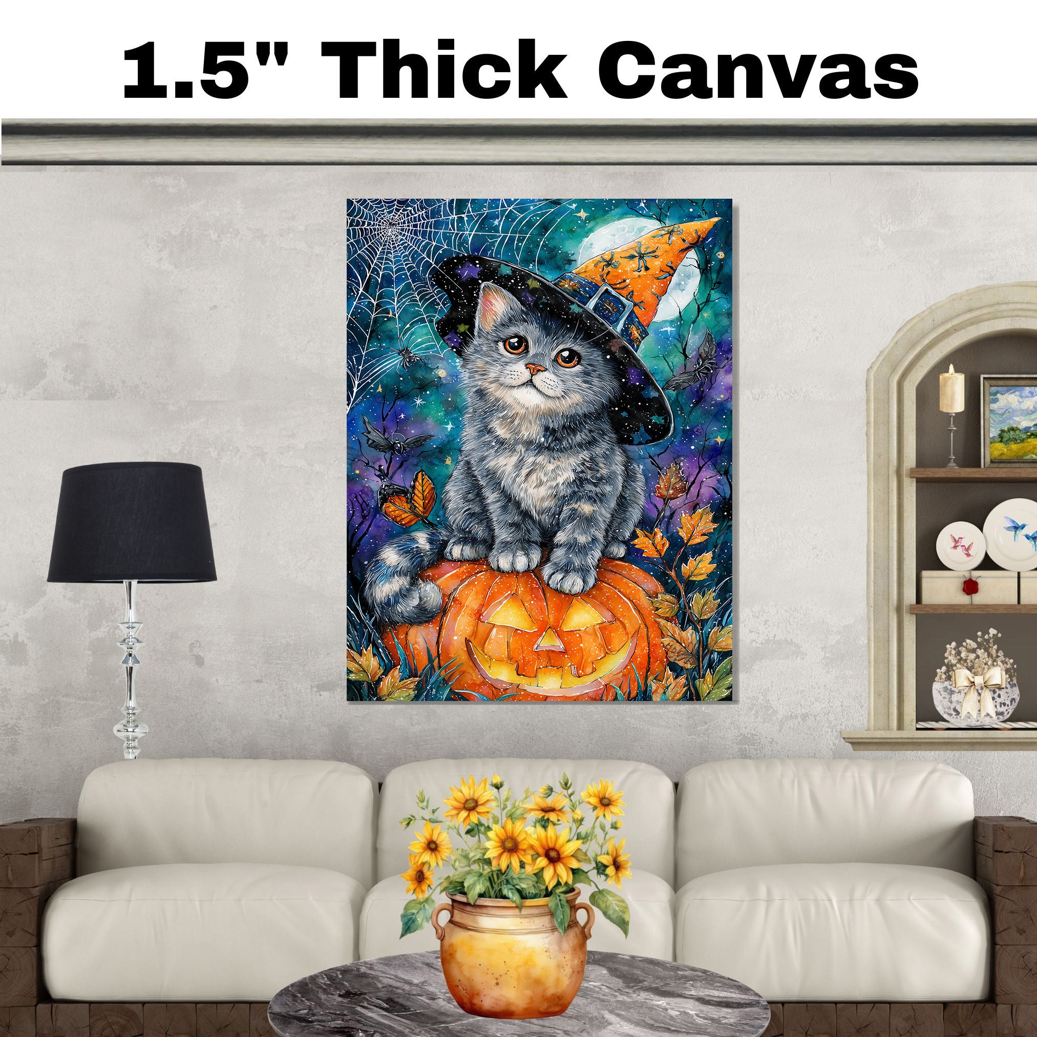 Gray Cat Halloween Canvas Wall Art Russian Blue Kitten with Pumpkin Witch Hat for Fall Home Decorations on Ready to Hang 1.5" Thick Canvas Wrap, Floating Framed Canvas, Flat Rolled Canvas
