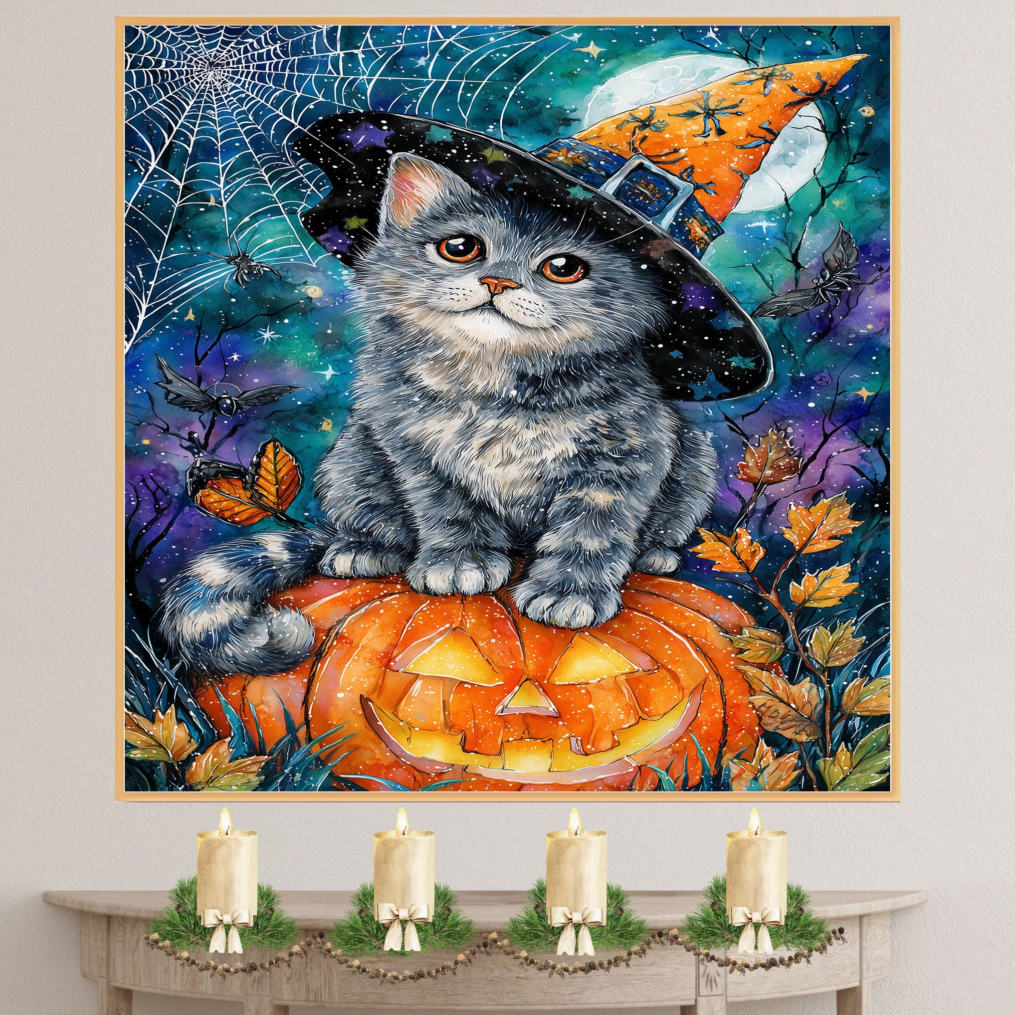 Gray Cat Halloween Canvas Wall Art Russian Blue Kitten with Pumpkin Witch Hat for Fall Home Decorations on Ready to Hang 1.5" Thick Canvas Wrap, Floating Framed Canvas, Flat Rolled Canvas