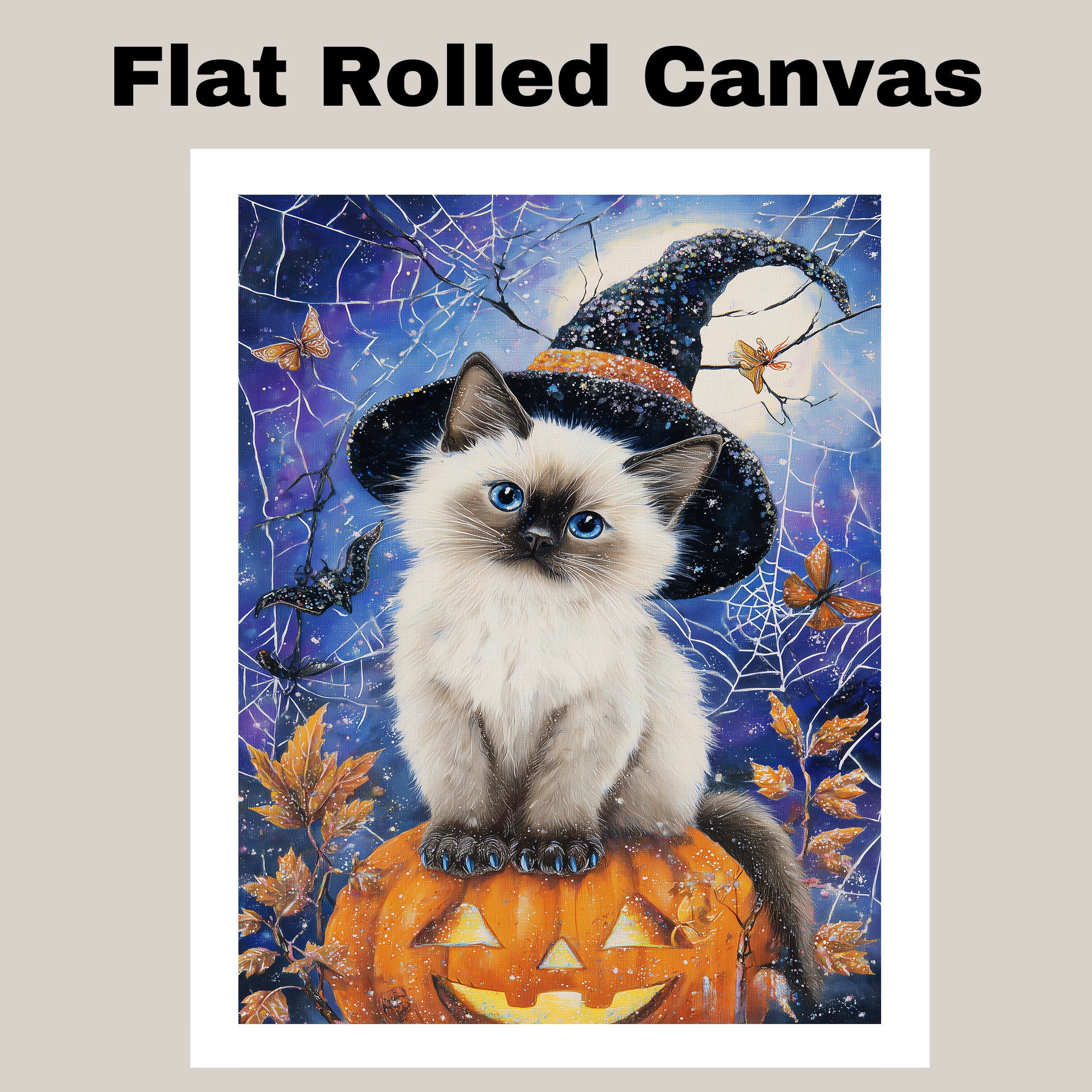 Siamese Cat Canvas Print Blue Eyed Kitten Witch Hat Pumpkin Spooky Décor for Cat Dad's Halloween Living Room Decoration on Ready to Hang 1.5" Thick Canvas Wrap, Floating Framed Canvas, Flat Rolled Canvas