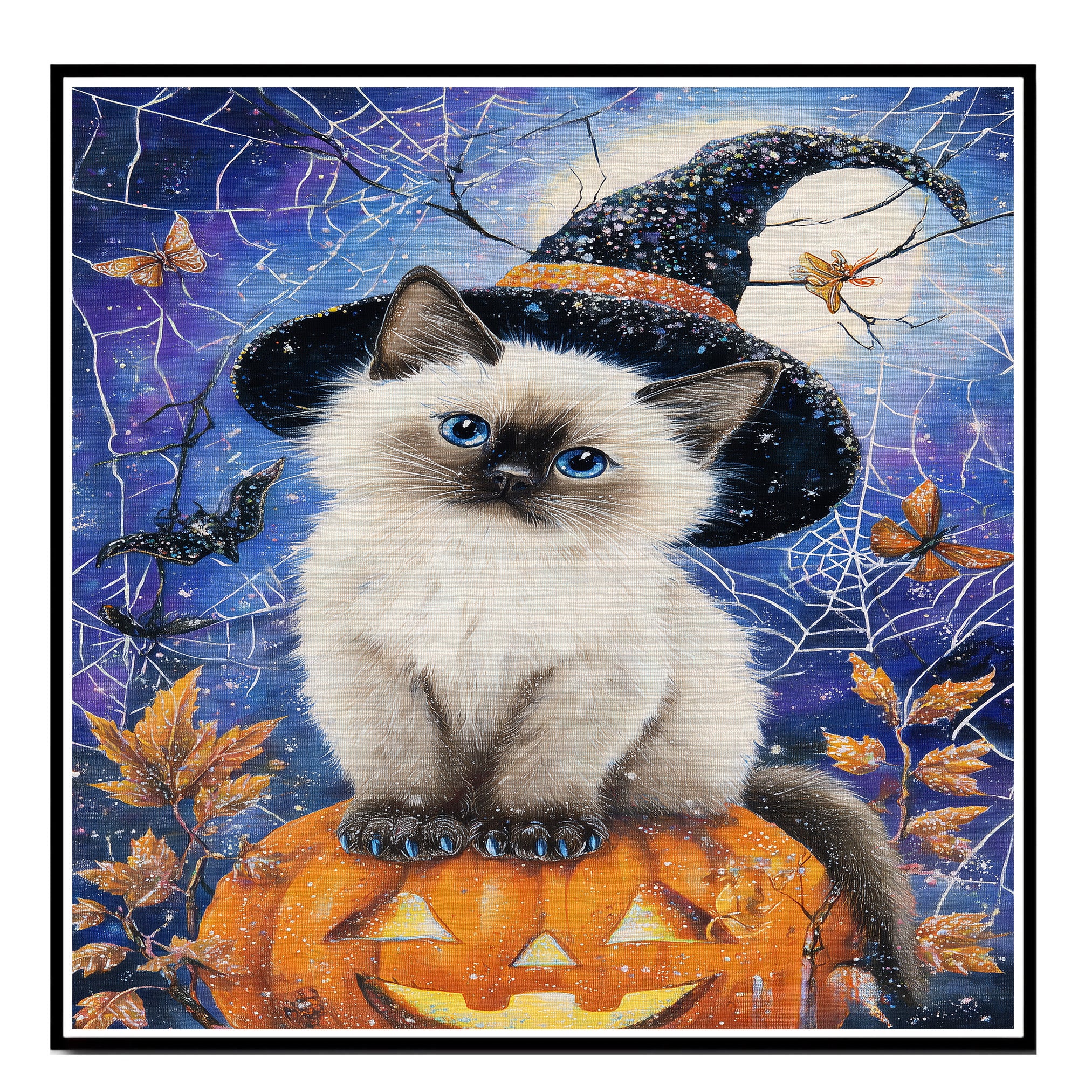 Siamese Cat Canvas Print Blue Eyed Kitten Witch Hat Pumpkin Spooky Décor for Cat Dad's Halloween Living Room Decoration on Ready to Hang 1.5" Thick Canvas Wrap, Floating Framed Canvas, Flat Rolled Canvas
