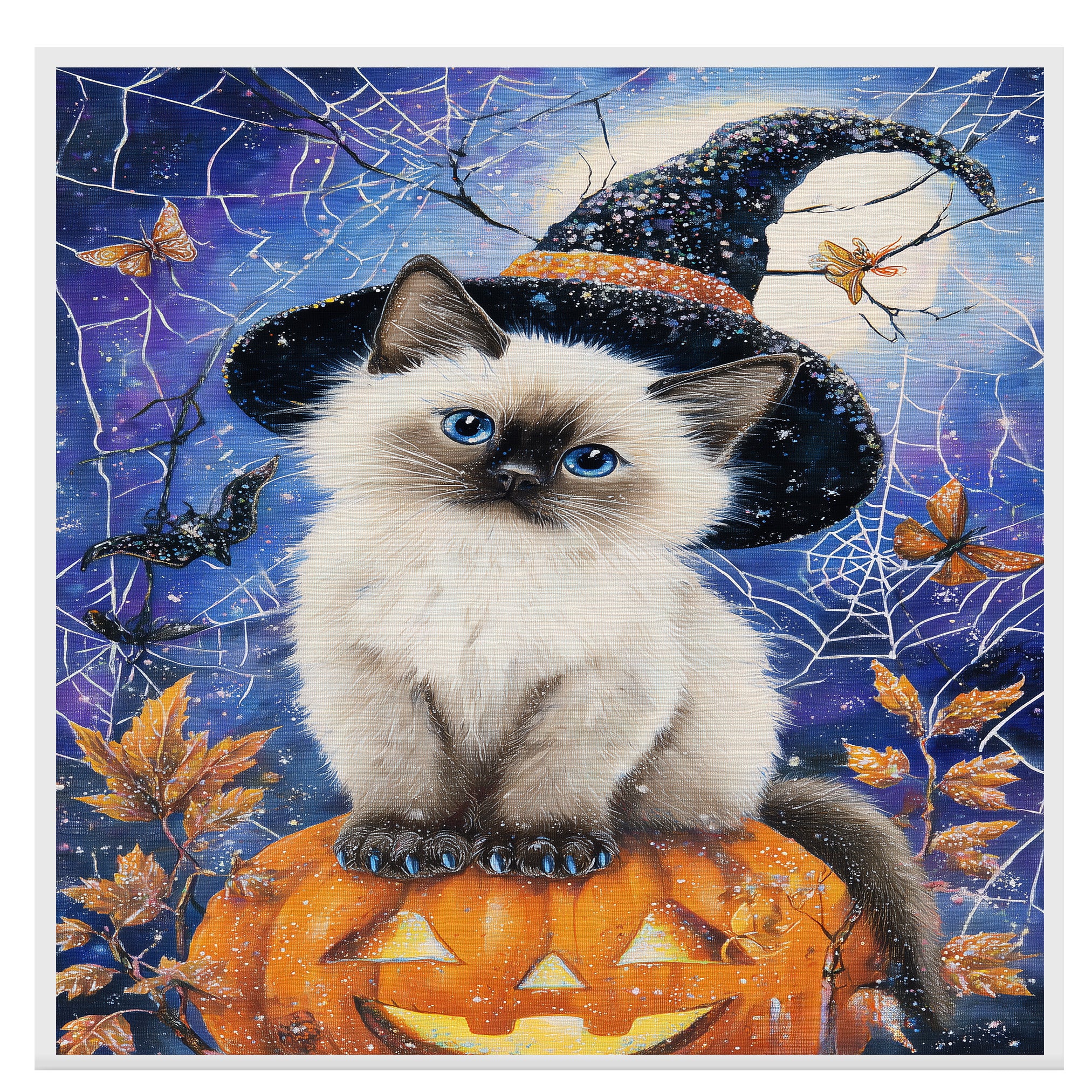 Siamese Cat Canvas Print Blue Eyed Kitten Witch Hat Pumpkin Spooky Décor for Cat Dad's Halloween Living Room Decoration on Ready to Hang 1.5" Thick Canvas Wrap, Floating Framed Canvas, Flat Rolled Canvas