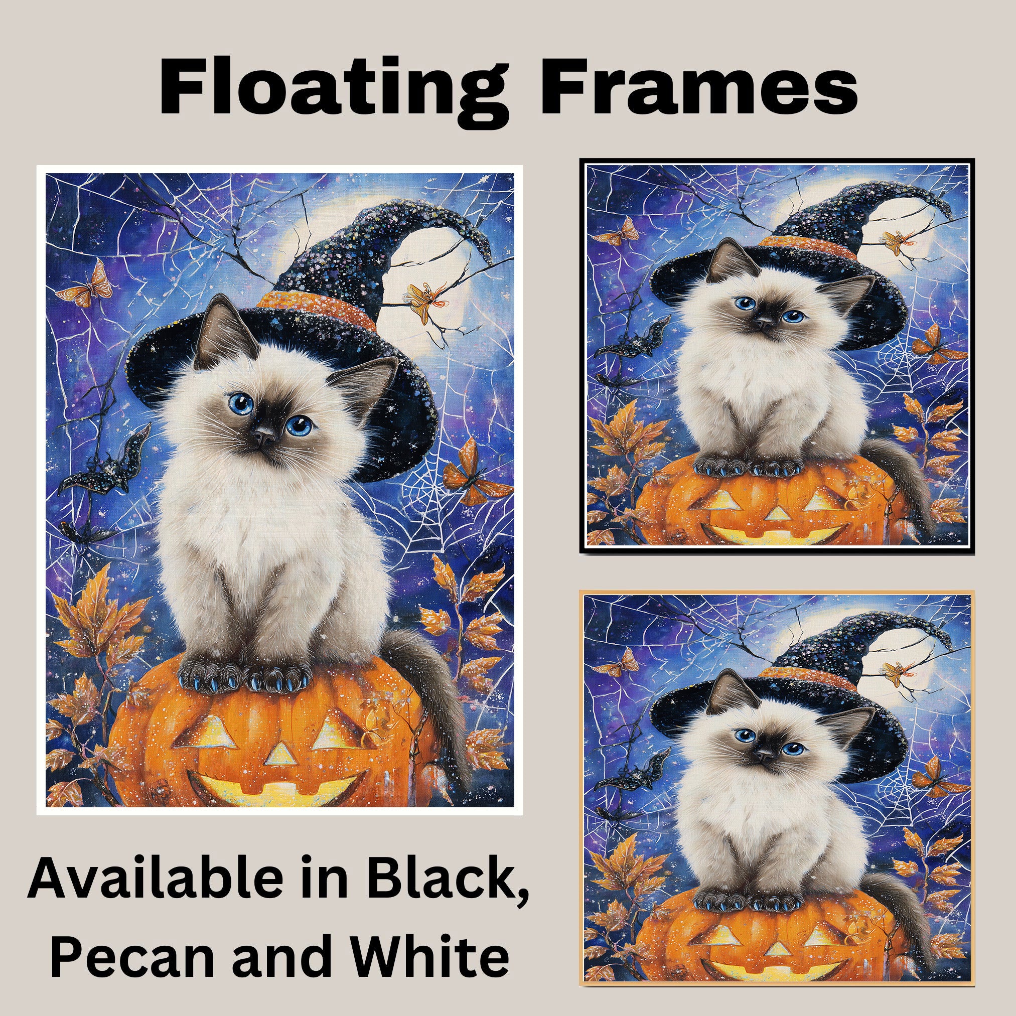 Siamese Cat Canvas Print Blue Eyed Kitten Witch Hat Pumpkin Spooky Décor for Cat Dad's Halloween Living Room Decoration on Ready to Hang 1.5" Thick Canvas Wrap, Floating Framed Canvas, Flat Rolled Canvas