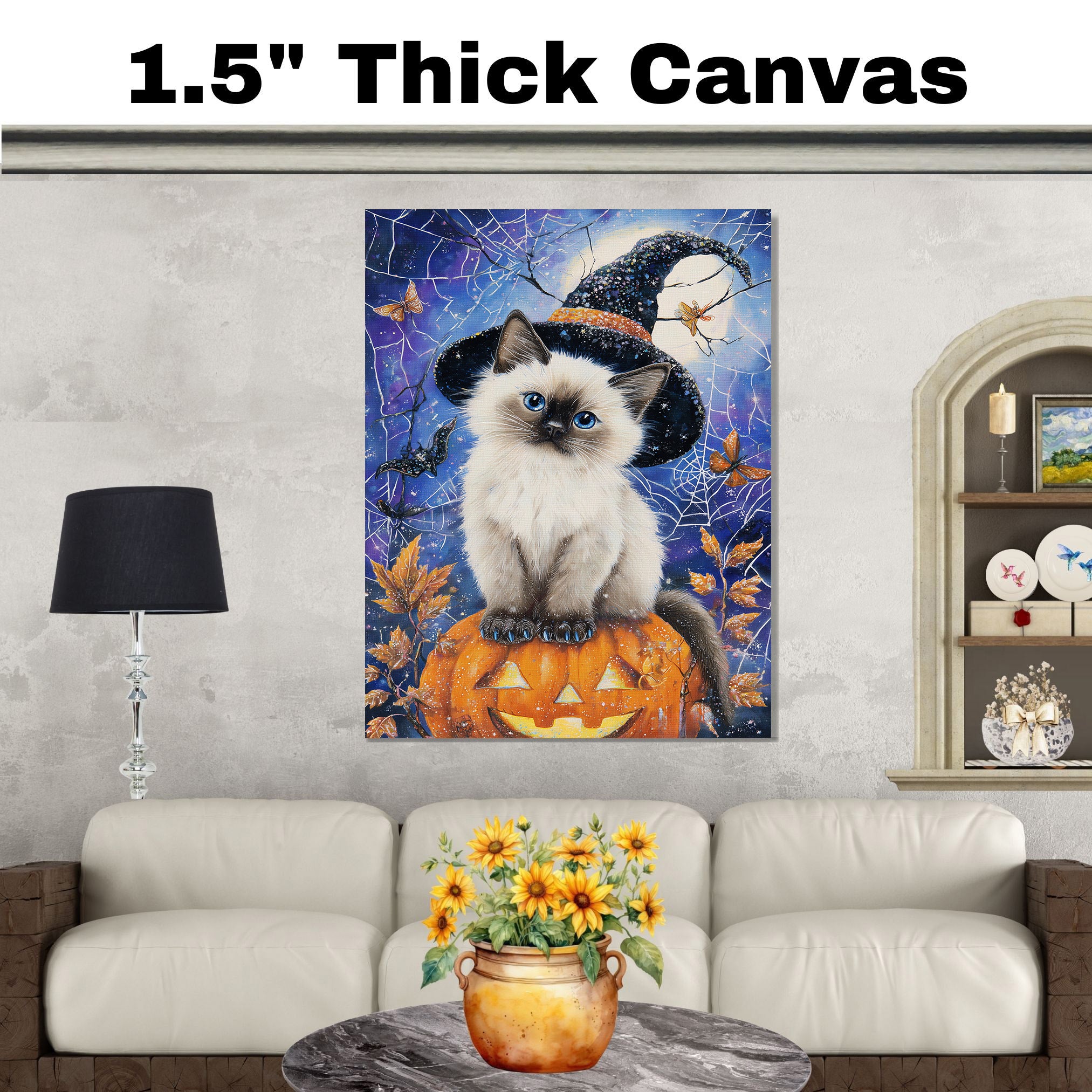 Siamese Cat Canvas Print Blue Eyed Kitten Witch Hat Pumpkin Spooky Décor for Cat Dad's Halloween Living Room Decoration on Ready to Hang 1.5" Thick Canvas Wrap, Floating Framed Canvas, Flat Rolled Canvas