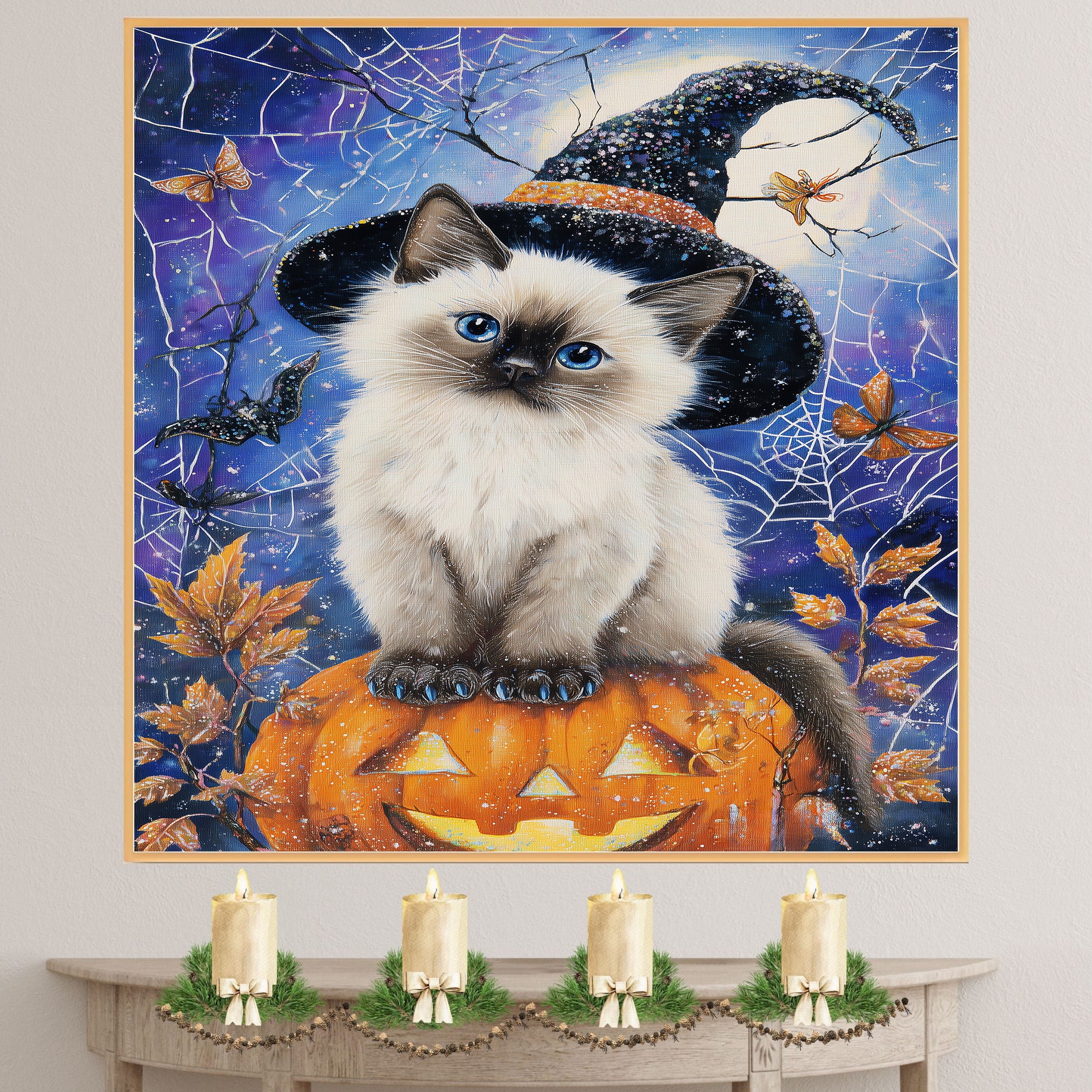 Siamese Cat Canvas Print Blue Eyed Kitten Witch Hat Pumpkin Spooky Décor for Cat Dad's Halloween Living Room Decoration on Ready to Hang 1.5" Thick Canvas Wrap, Floating Framed Canvas, Flat Rolled Canvas