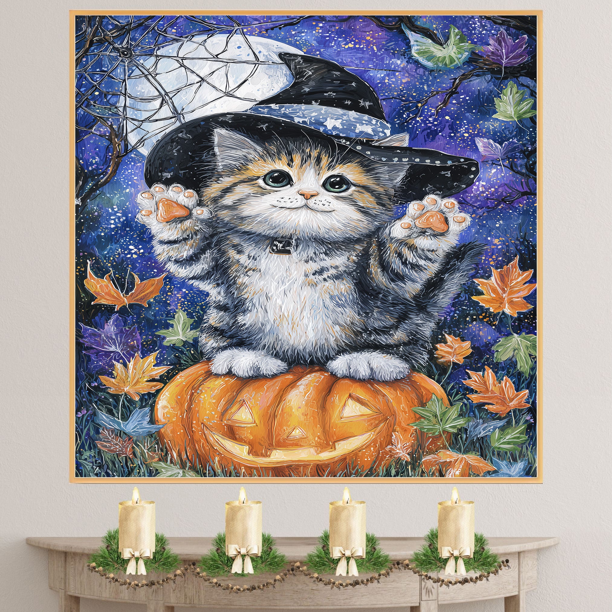Autumn Canvas Wall Art for Cat Lovers Farmhouse Decor for Halloween Siberian Kitten on Pumpkin Witch Hat Wall Decoration on Ready to Hang 1.5" Thick Canvas Wrap, Floating Framed Canvas, Flat Rolled Canvas