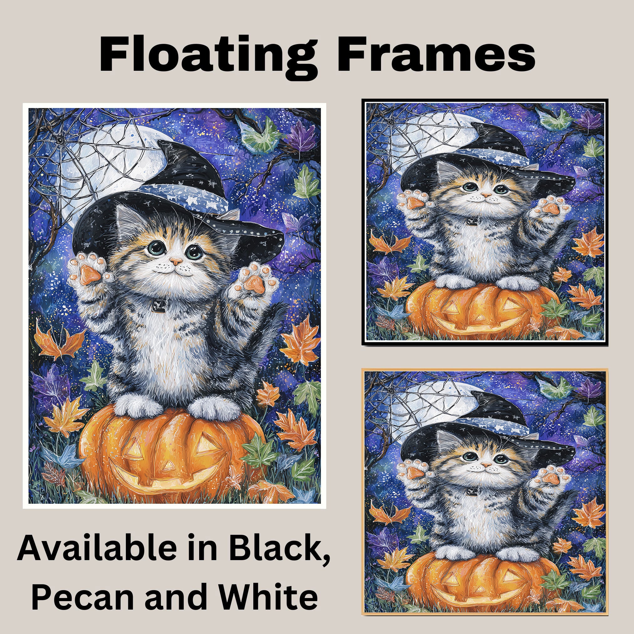 Autumn Canvas Wall Art for Cat Lovers Farmhouse Decor for Halloween Siberian Kitten on Pumpkin Witch Hat Wall Decoration on Ready to Hang 1.5" Thick Canvas Wrap, Floating Framed Canvas, Flat Rolled Canvas