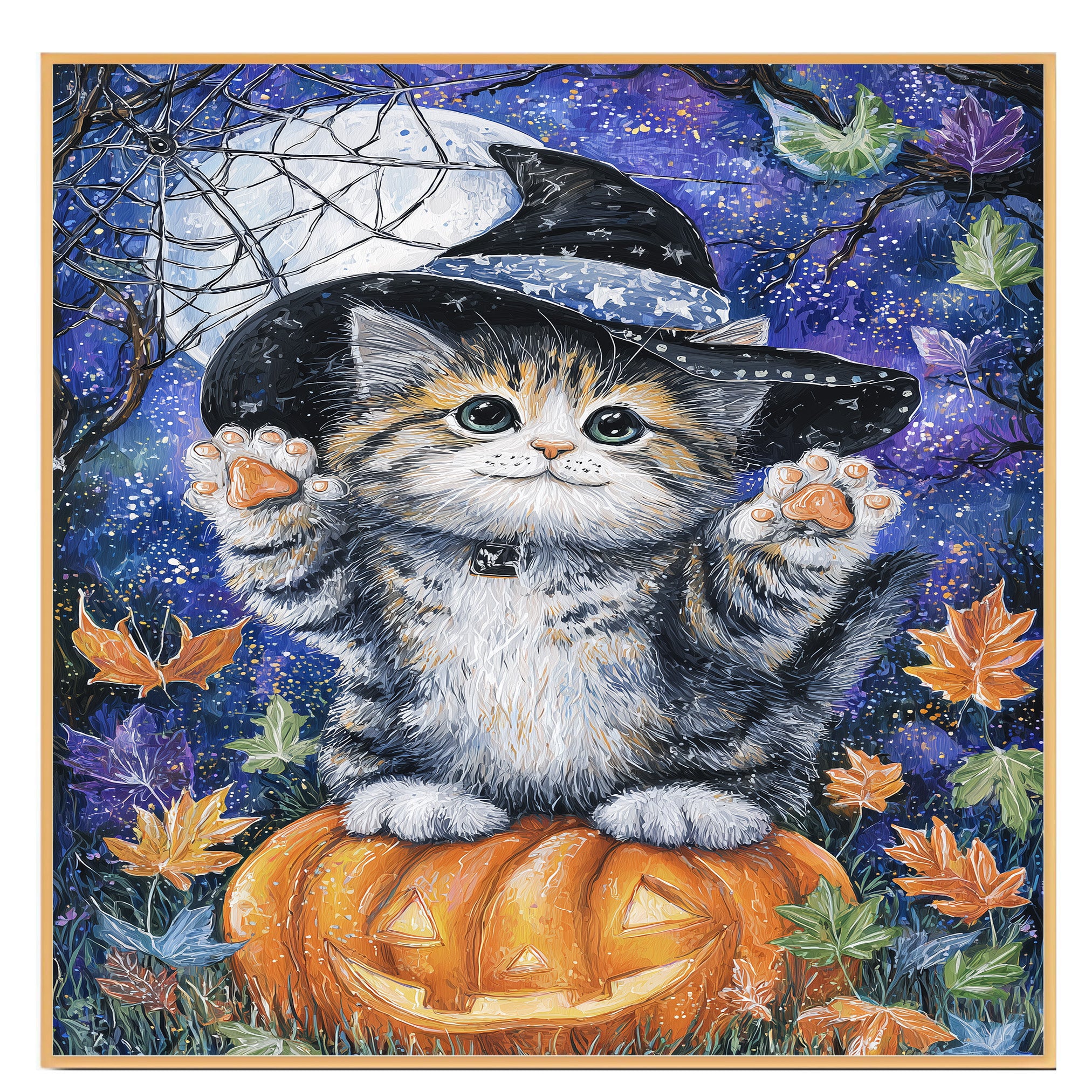 Autumn Canvas Wall Art for Cat Lovers Farmhouse Decor for Halloween Siberian Kitten on Pumpkin Witch Hat Wall Decoration on Ready to Hang 1.5" Thick Canvas Wrap, Floating Framed Canvas, Flat Rolled Canvas