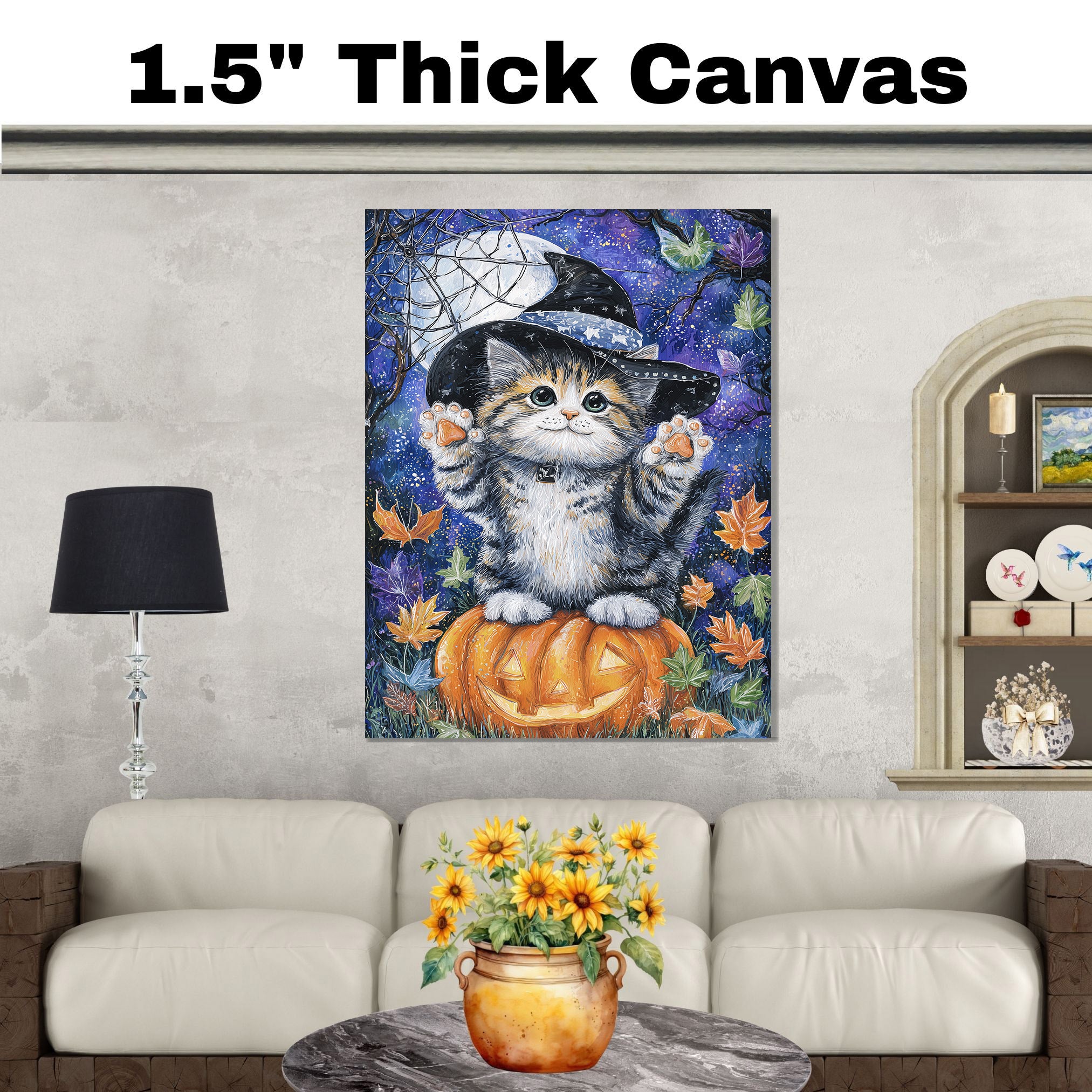 Autumn Canvas Wall Art for Cat Lovers Farmhouse Decor for Halloween Siberian Kitten on Pumpkin Witch Hat Wall Decoration on Ready to Hang 1.5" Thick Canvas Wrap, Floating Framed Canvas, Flat Rolled Canvas