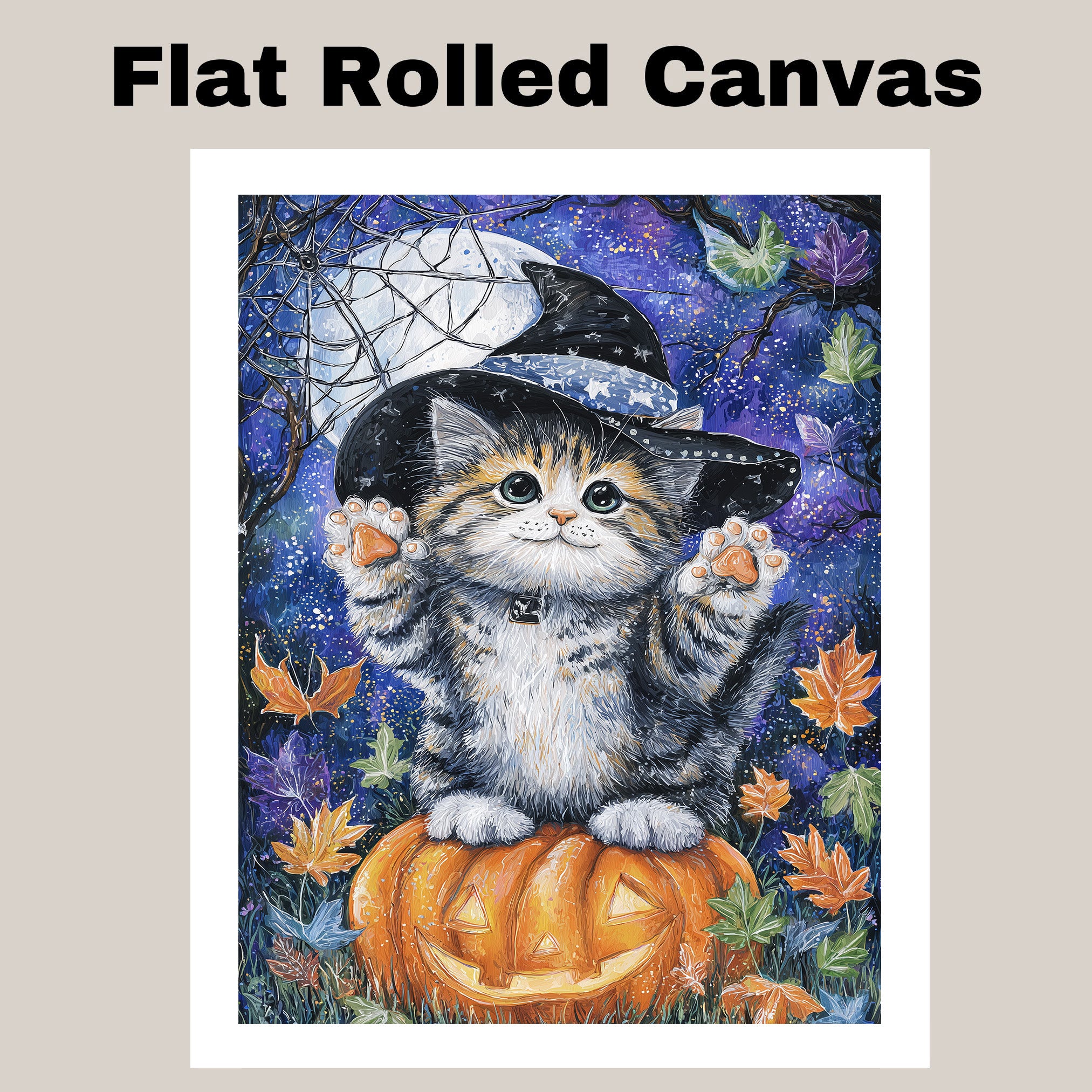 Autumn Canvas Wall Art for Cat Lovers Farmhouse Decor for Halloween Siberian Kitten on Pumpkin Witch Hat Wall Decoration on Ready to Hang 1.5" Thick Canvas Wrap, Floating Framed Canvas, Flat Rolled Canvas