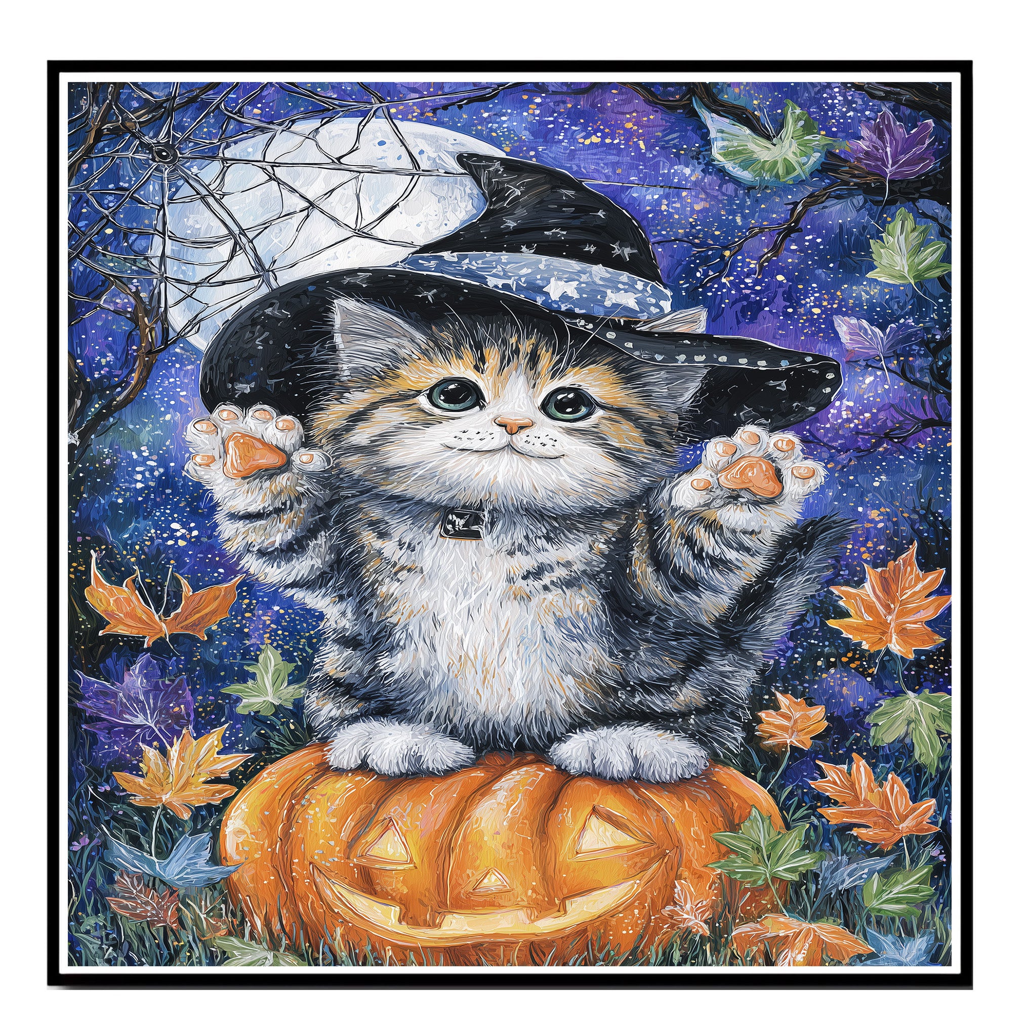 Autumn Canvas Wall Art for Cat Lovers Farmhouse Decor for Halloween Siberian Kitten on Pumpkin Witch Hat Wall Decoration on Ready to Hang 1.5" Thick Canvas Wrap, Floating Framed Canvas, Flat Rolled Canvas