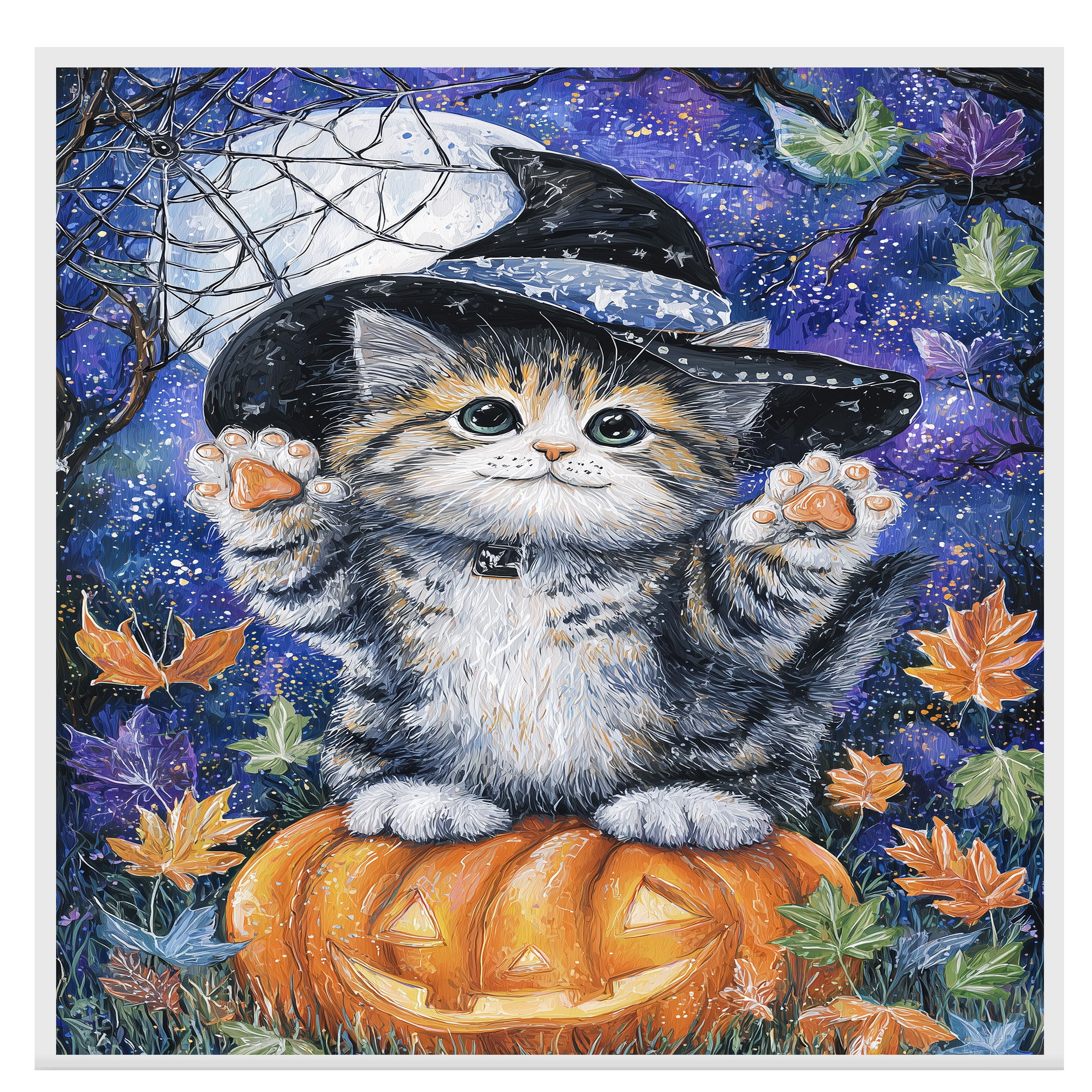 Autumn Canvas Wall Art for Cat Lovers Farmhouse Decor for Halloween Siberian Kitten on Pumpkin Witch Hat Wall Decoration on Ready to Hang 1.5" Thick Canvas Wrap, Floating Framed Canvas, Flat Rolled Canvas