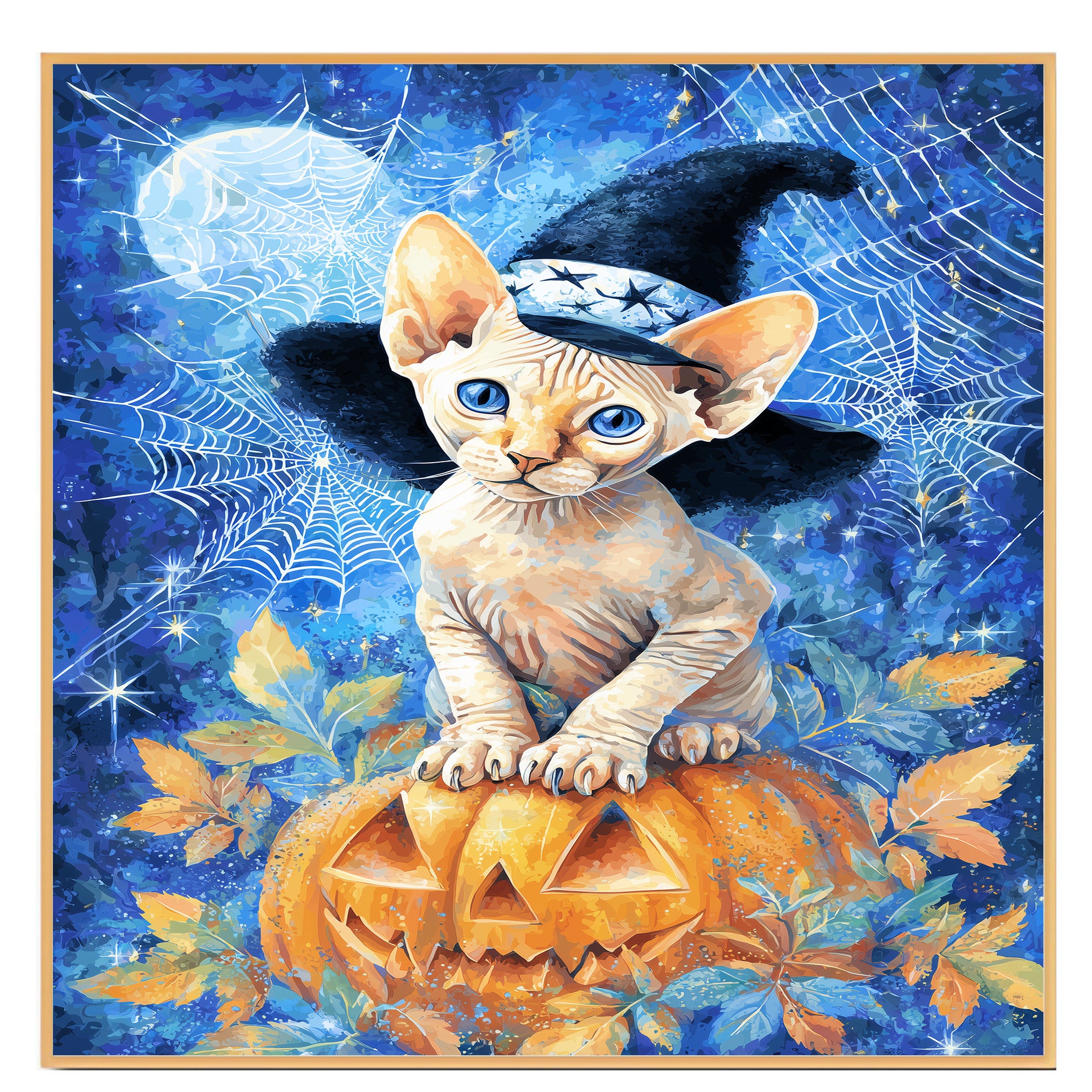 Thanksgiving Wall Prints Hairless Cat Canvas Sphynx Kitten Wall Art Pumpkin Fall Leaf Decorative Canvas  on Ready to Hang 1.5" Thick Canvas Wrap, Floating Framed Canvas, Flat Rolled Canvas