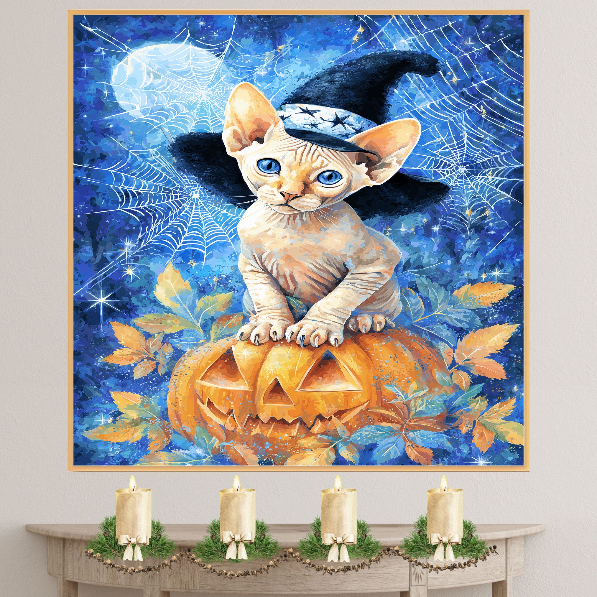 Thanksgiving Wall Prints Hairless Cat Canvas Sphynx Kitten Wall Art Pumpkin Fall Leaf Decorative Canvas  on Ready to Hang 1.5" Thick Canvas Wrap, Floating Framed Canvas, Flat Rolled Canvas