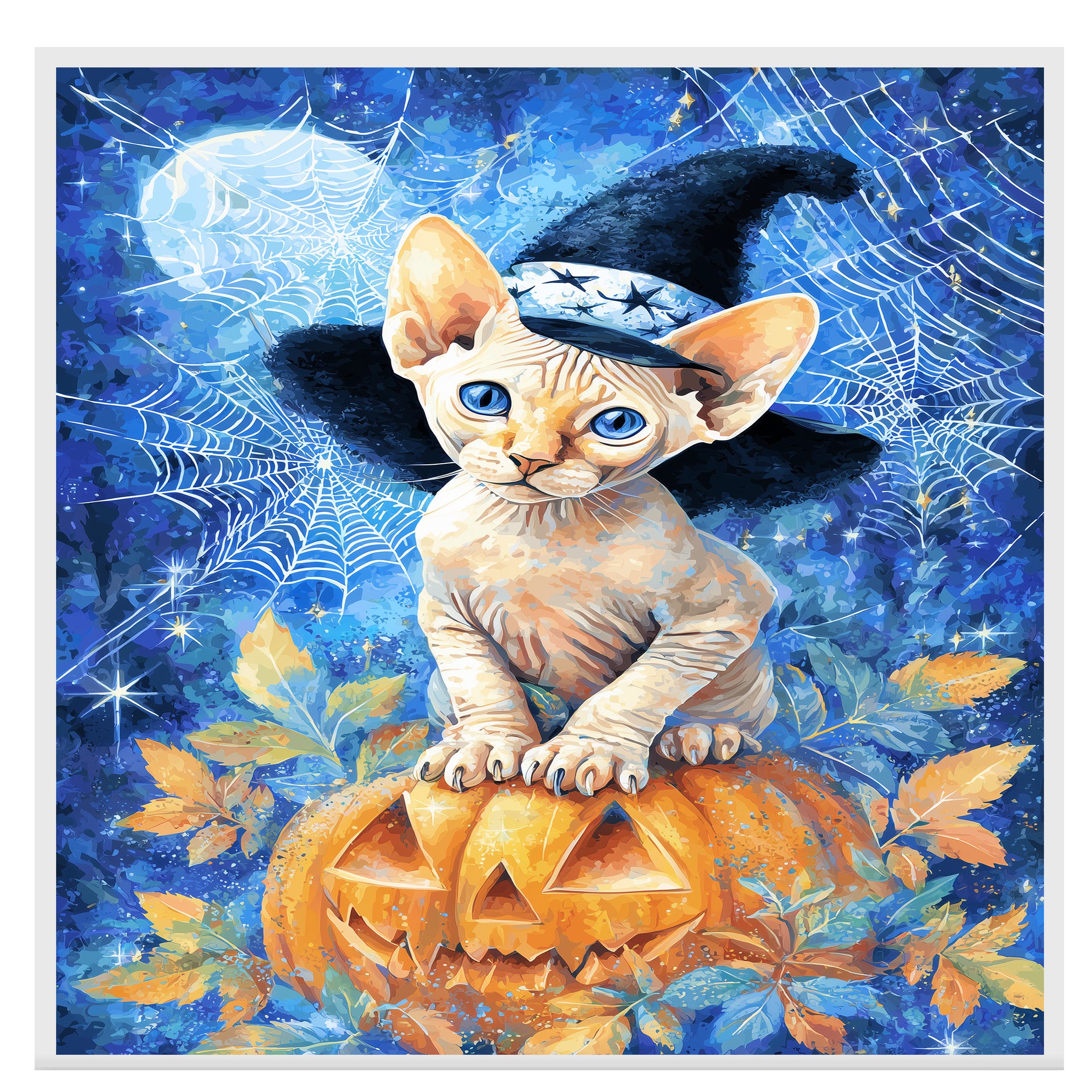 Thanksgiving Wall Prints Hairless Cat Canvas Sphynx Kitten Wall Art Pumpkin Fall Leaf Decorative Canvas  on Ready to Hang 1.5" Thick Canvas Wrap, Floating Framed Canvas, Flat Rolled Canvas