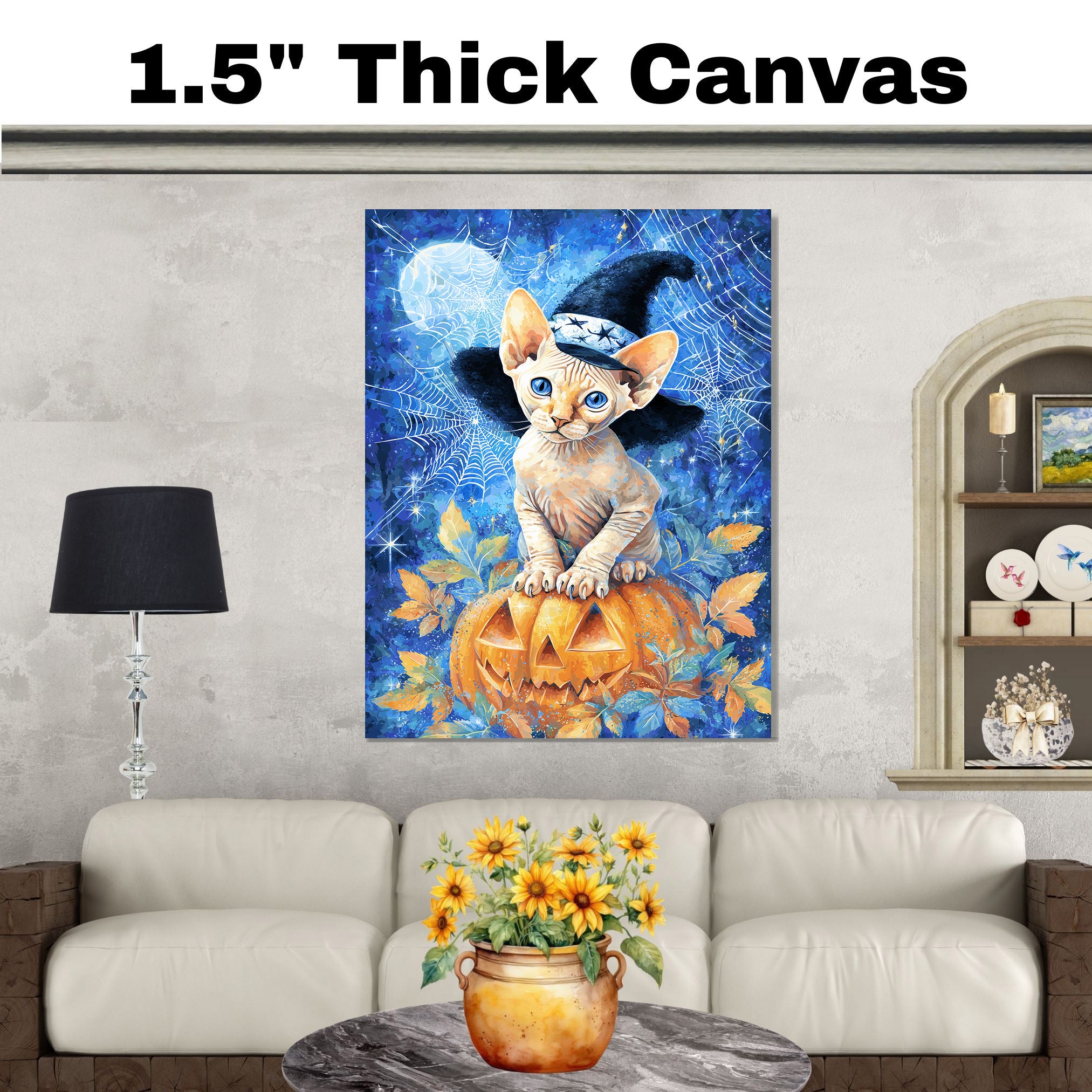 Thanksgiving Wall Prints Hairless Cat Canvas Sphynx Kitten Wall Art Pumpkin Fall Leaf Decorative Canvas  on Ready to Hang 1.5" Thick Canvas Wrap, Floating Framed Canvas, Flat Rolled Canvas
