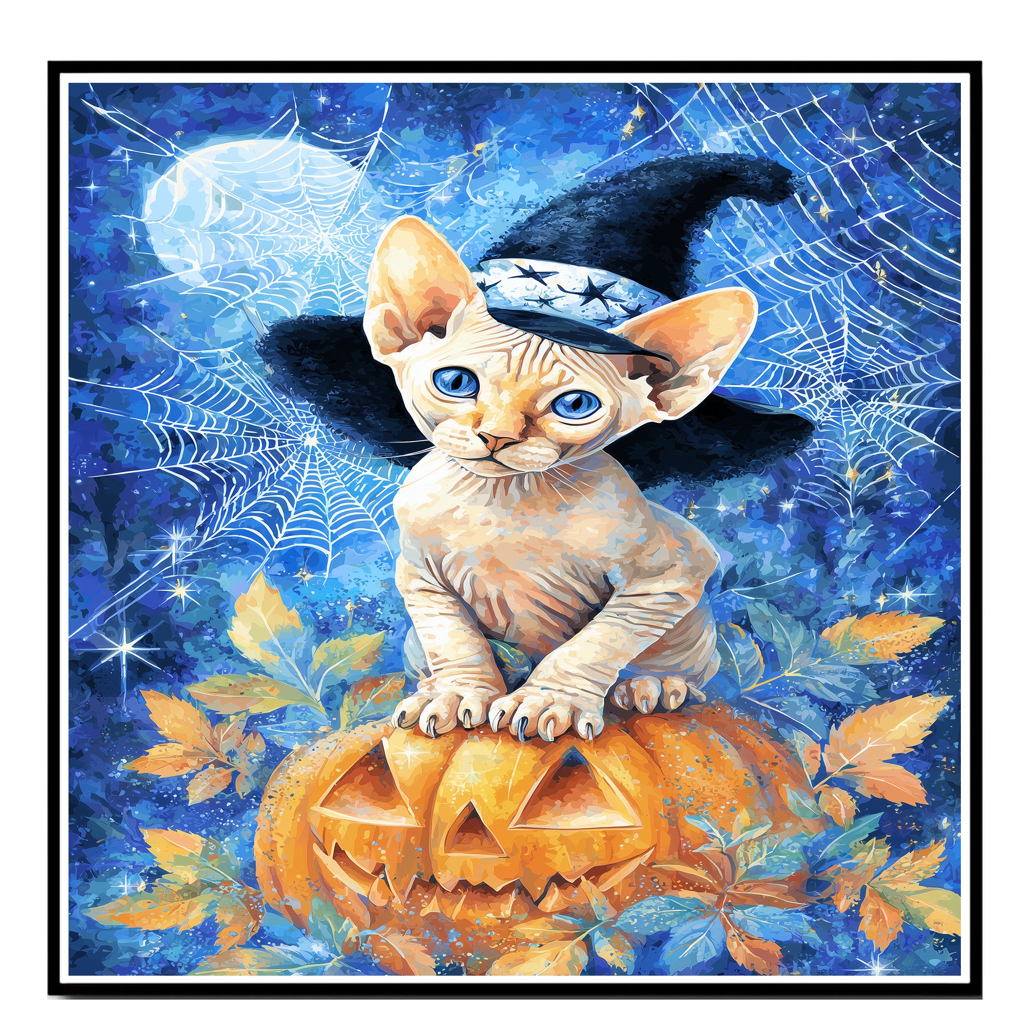 Thanksgiving Wall Prints Hairless Cat Canvas Sphynx Kitten Wall Art Pumpkin Fall Leaf Decorative Canvas  on Ready to Hang 1.5" Thick Canvas Wrap, Floating Framed Canvas, Flat Rolled Canvas