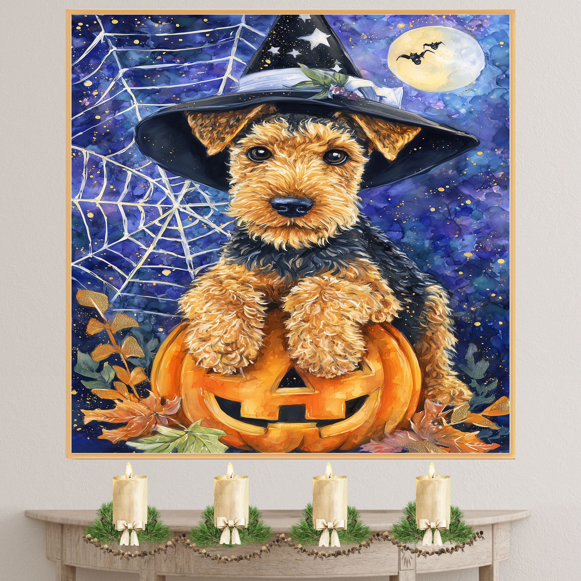 Airedale Terrier Dog Canvas for Pet Mom's Halloween Gifts for Home Décor for Autumn Dog with Witch Hat on Ready to Hang 1.5" Thick Canvas Wrap, Floating Framed Canvas, Flat Rolled Canvas