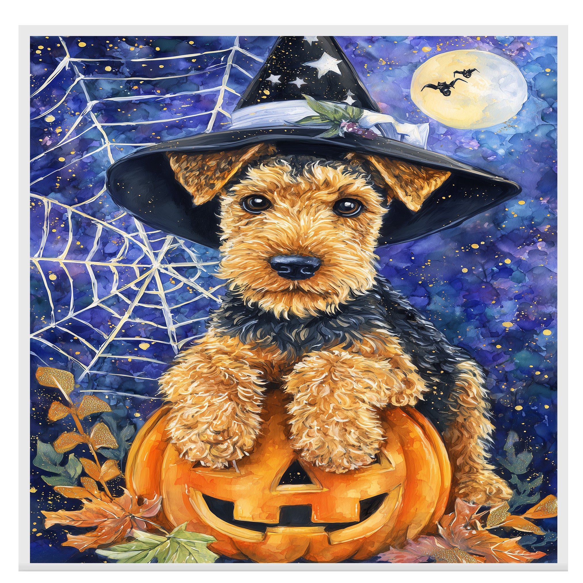 Airedale Terrier Dog Canvas for Pet Mom's Halloween Gifts for Home Décor for Autumn Dog with Witch Hat on Ready to Hang 1.5" Thick Canvas Wrap, Floating Framed Canvas, Flat Rolled Canvas