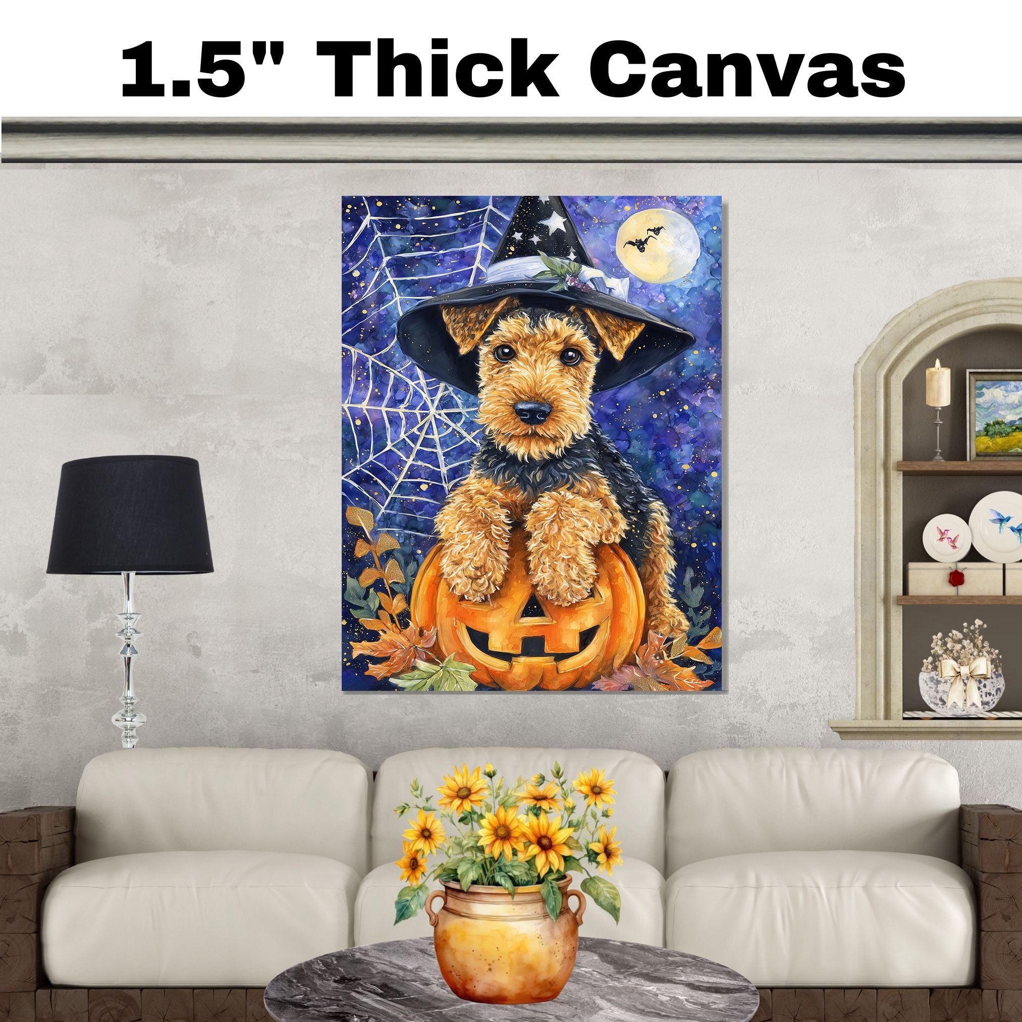 Airedale Terrier Dog Canvas for Pet Mom's Halloween Gifts for Home Décor for Autumn Dog with Witch Hat on Ready to Hang 1.5" Thick Canvas Wrap, Floating Framed Canvas, Flat Rolled Canvas