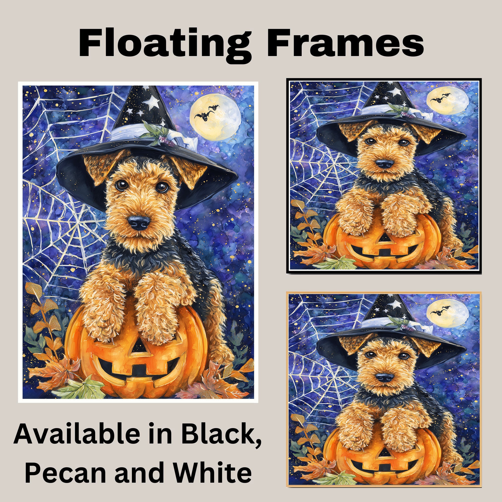 Airedale Terrier Dog Canvas for Pet Mom's Halloween Gifts for Home Décor for Autumn Dog with Witch Hat on Ready to Hang 1.5" Thick Canvas Wrap, Floating Framed Canvas, Flat Rolled Canvas