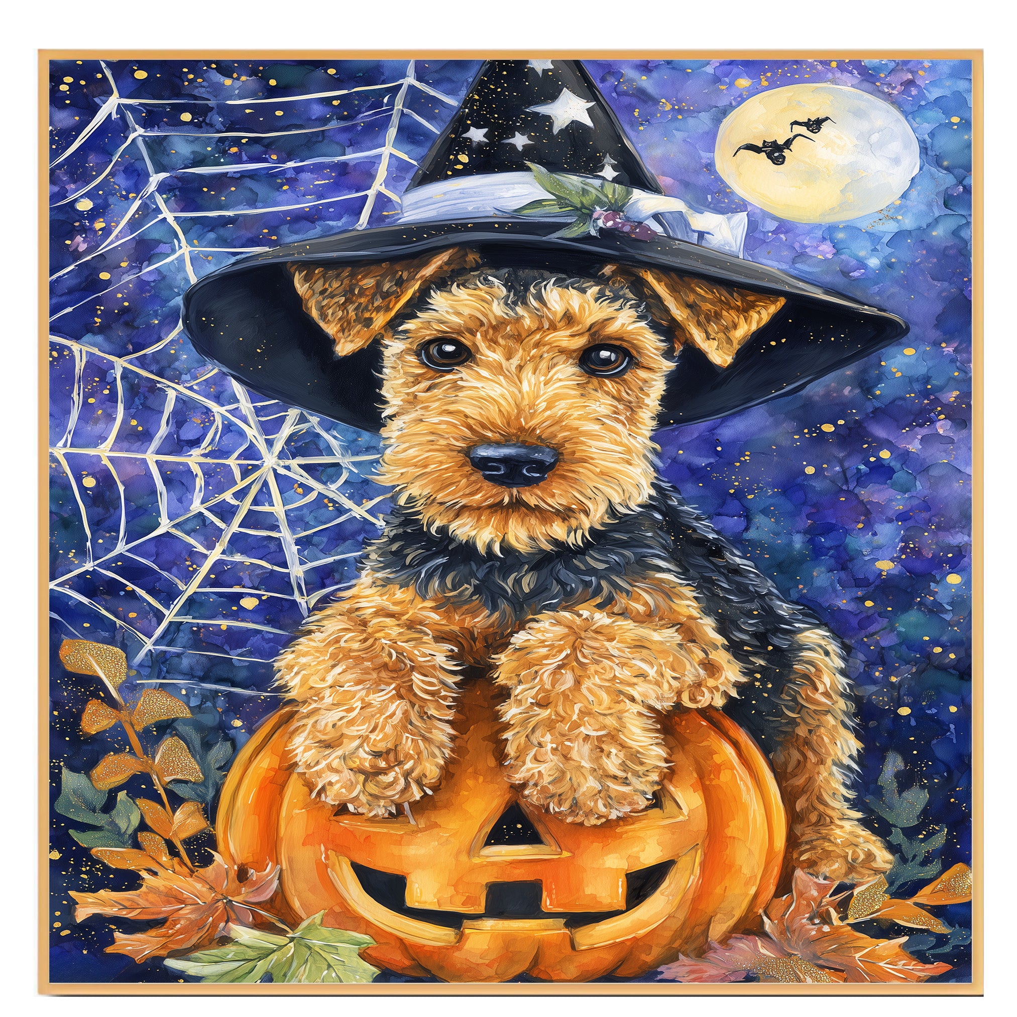 Airedale Terrier Dog Canvas for Pet Mom's Halloween Gifts for Home Décor for Autumn Dog with Witch Hat on Ready to Hang 1.5" Thick Canvas Wrap, Floating Framed Canvas, Flat Rolled Canvas